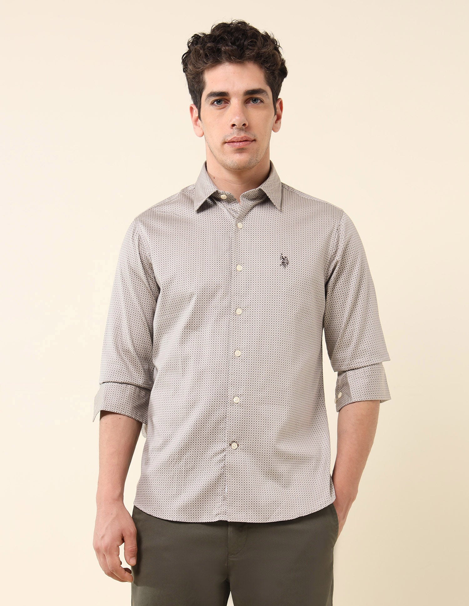 Tailored Fit Pure Cotton Shirt Khaki - U.S. Polo Assn. India | Large