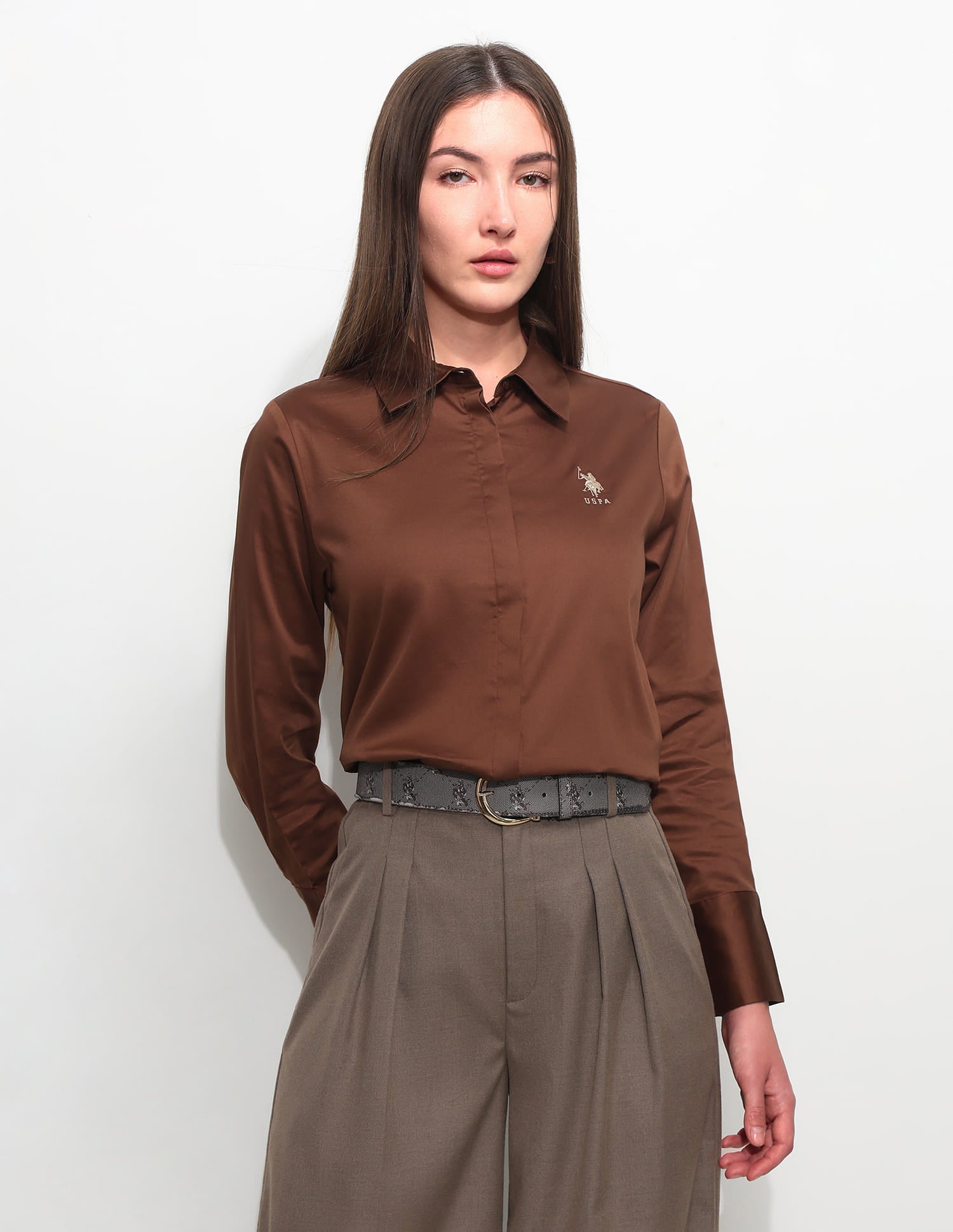 Cotton Sateen Regular Fit Shirt Brown - U.S. Polo Assn. India | Large