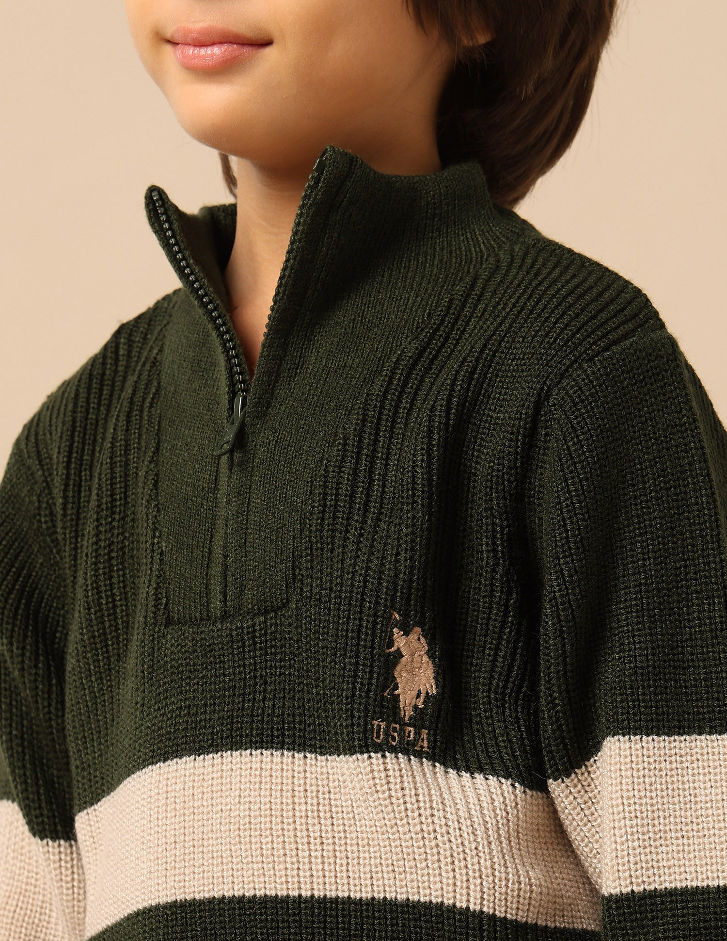 Boys Striped Regular Fit Sweater Olive - U.S. POLO ASSN. | Large