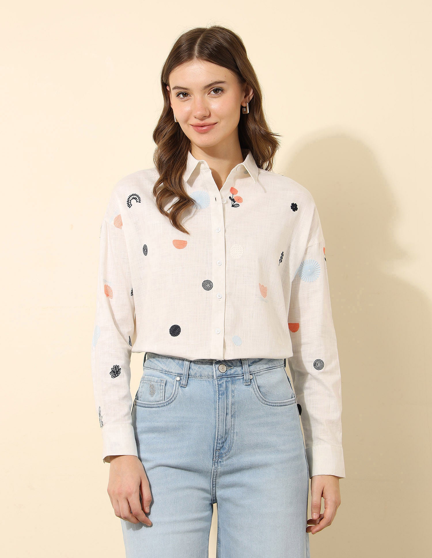 Oversized Floral Embroidered Shirt Off White - U.S. Polo Assn. India | Large