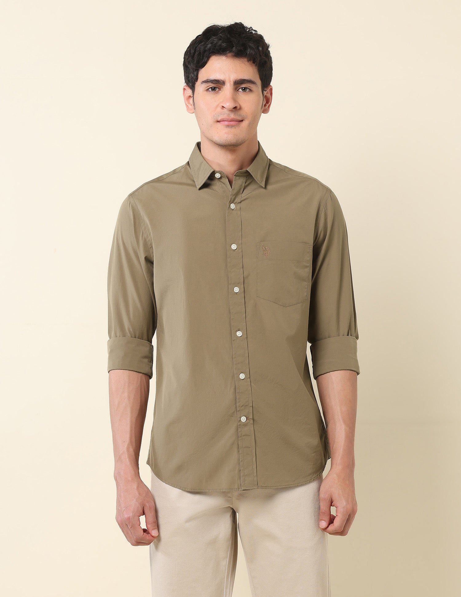Pure Cotton Tailored Fit Shirt Khaki - U.S. Polo Assn. India | Large