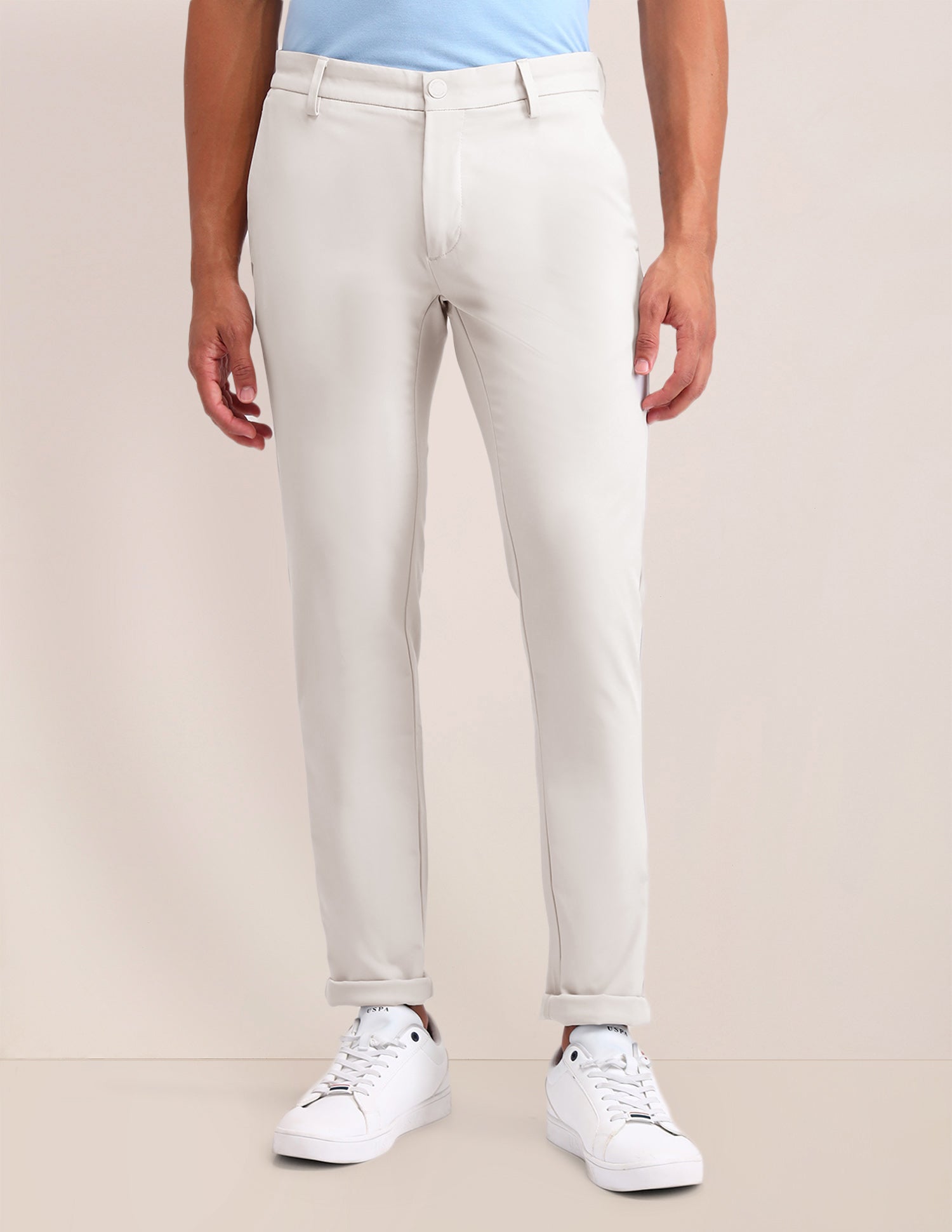 Austin Slim Fit Solid Trousers Ecru - U.S. Polo Assn. India | Large