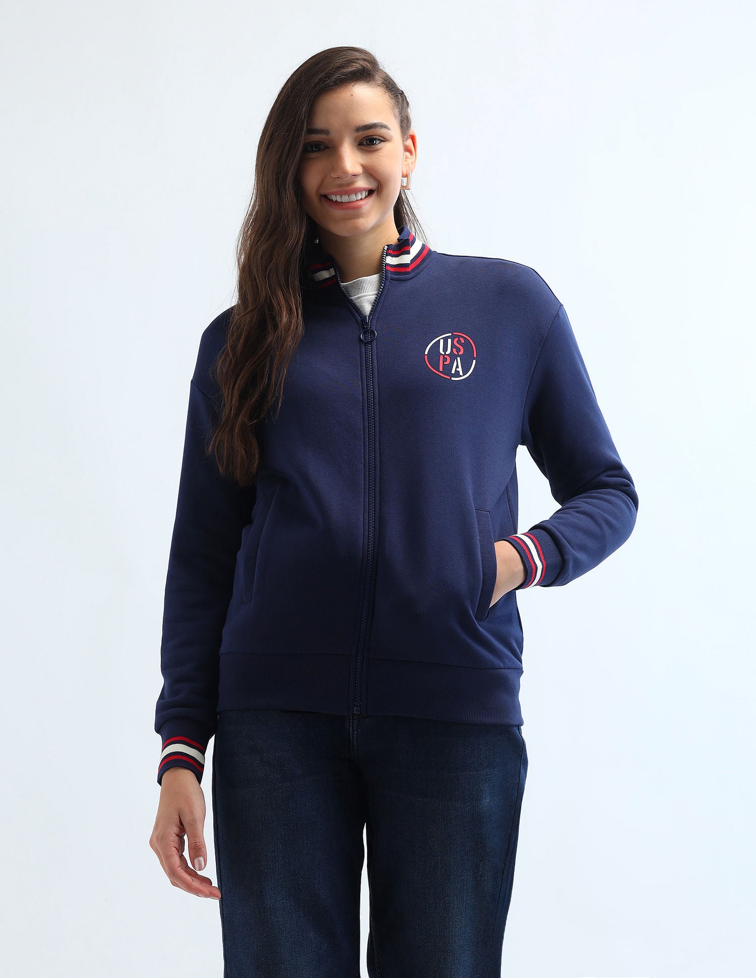 Tipped Collar Zip Up Sweatshirt Navy - U.S. Polo Assn. India | Large