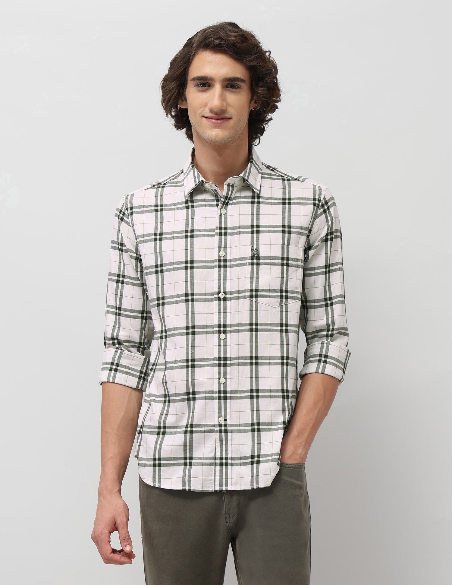 Grid Tattersall Checked Tailored Fit Shirt Dark Olive - U.S. POLO ASSN. | Large