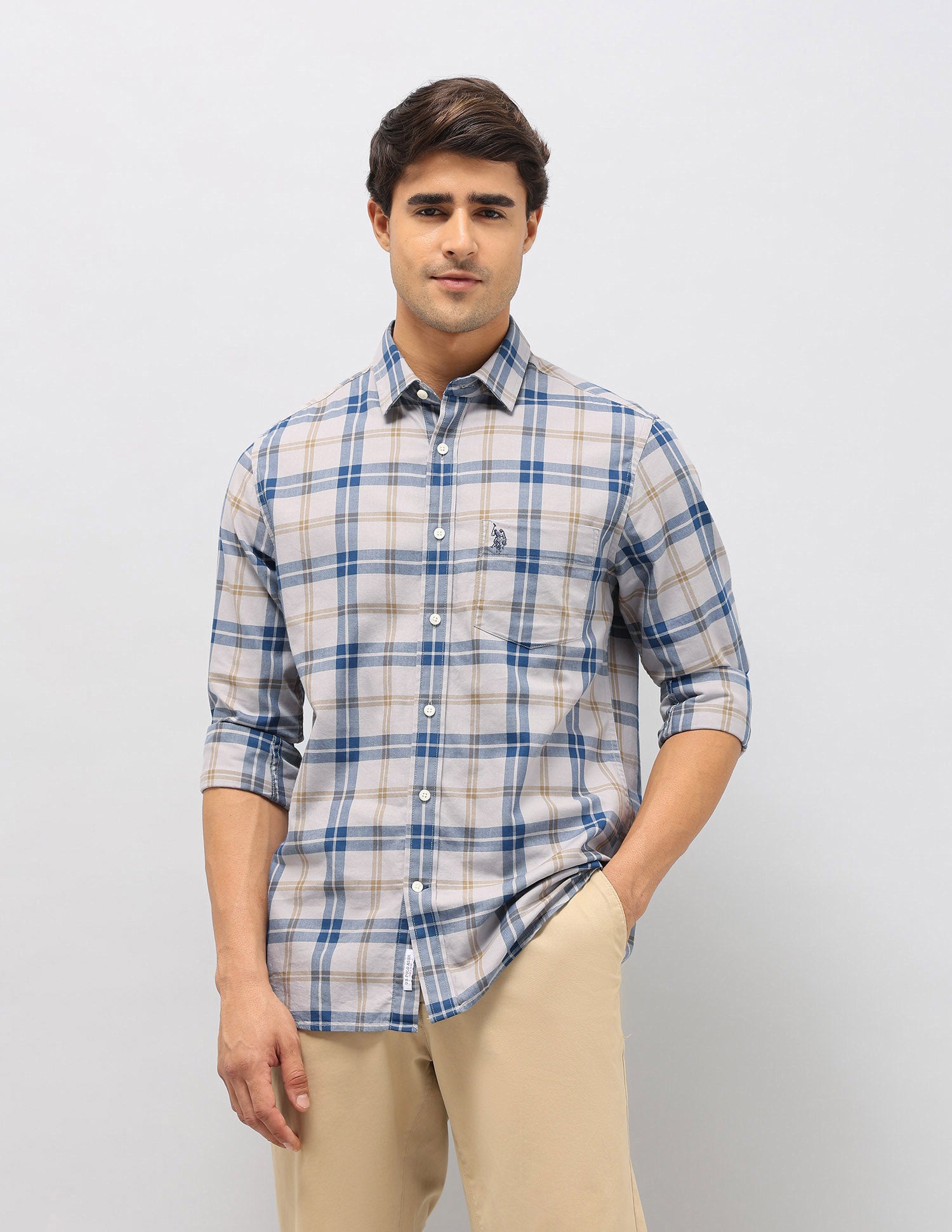 Plaid Checked Pure Cotton Shirt Light Grey - U.S. Polo Assn. India | Large
