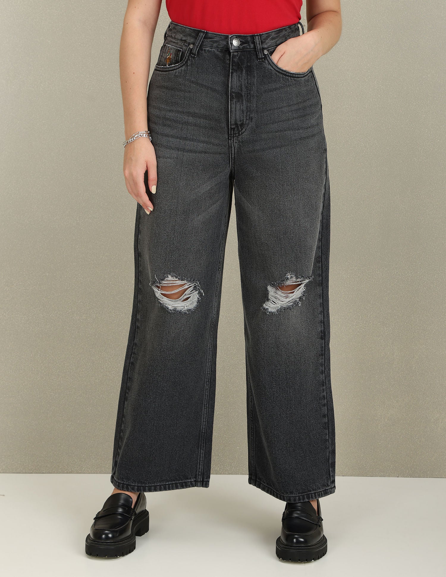 Wide Leg High Rise Jeans Grey - U.S. Polo Assn. India | Large
