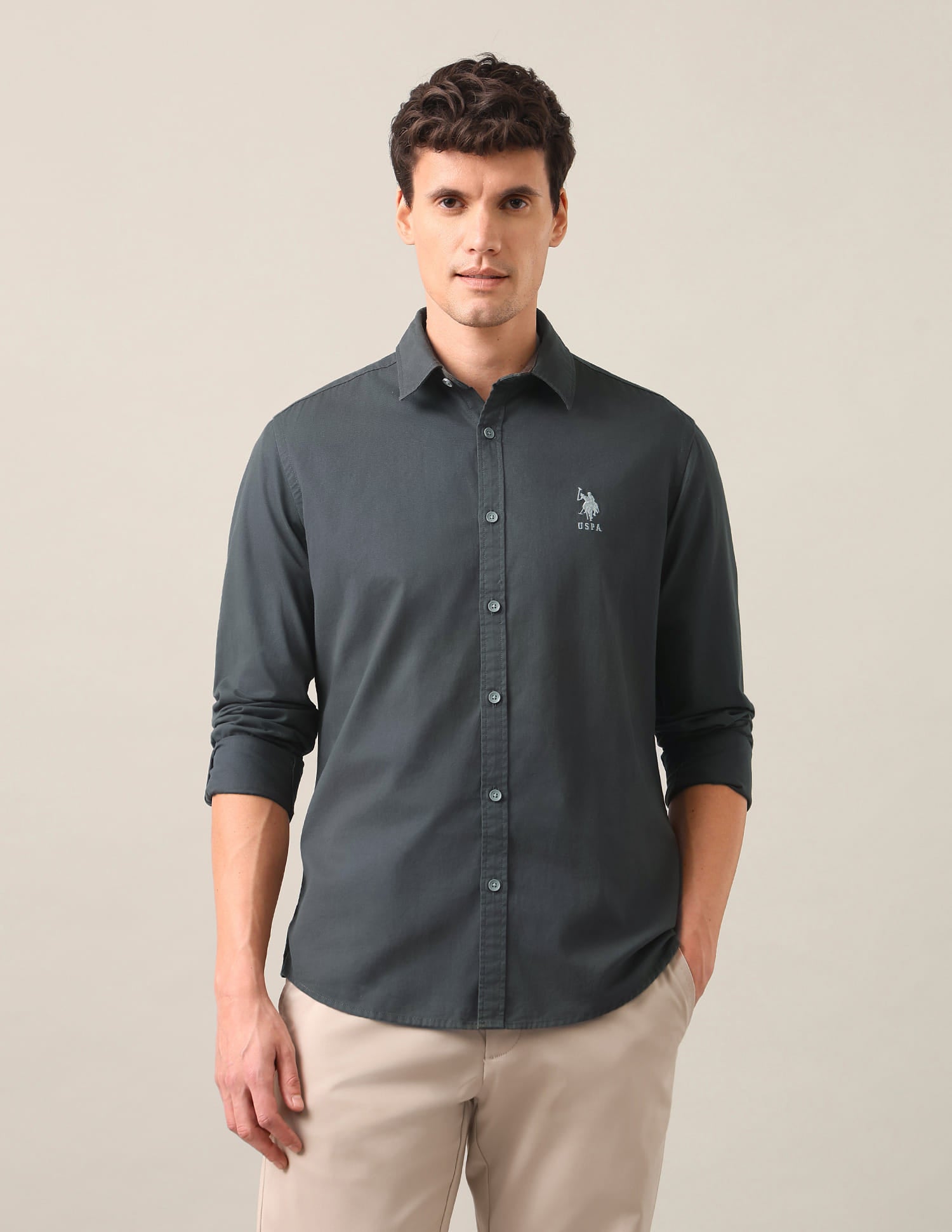 Regular Fit Twill Shirt Grey - U.S. Polo Assn. India | Large