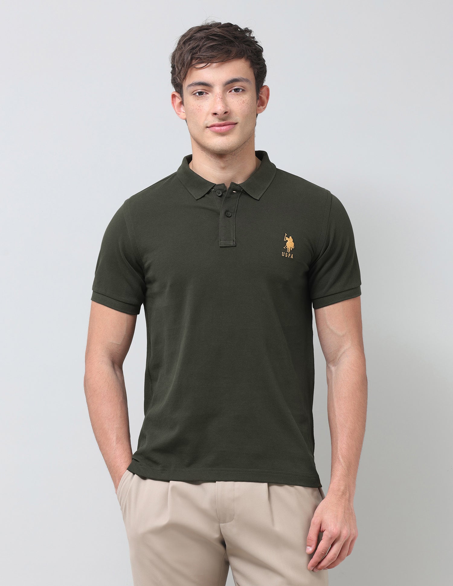 Solid Slim Fit Polo Shirt Olive - U.S. Polo Assn. India | Large