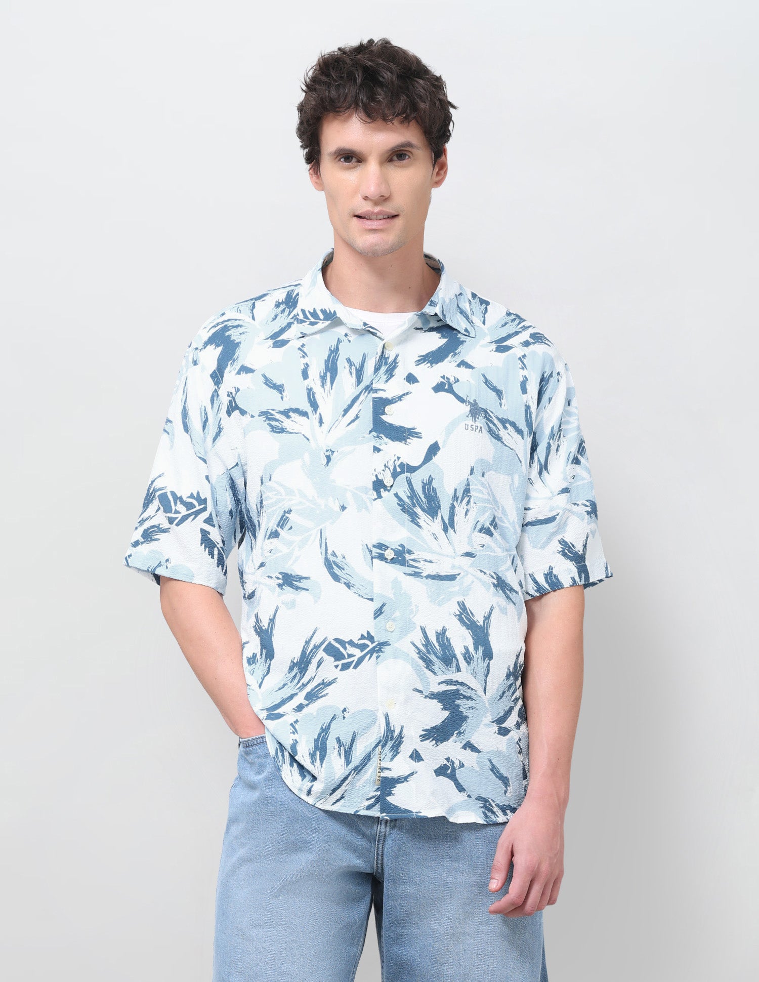 Floral Printed Seersucker Shirt Light Blue - U.S. Polo Assn. India | Large