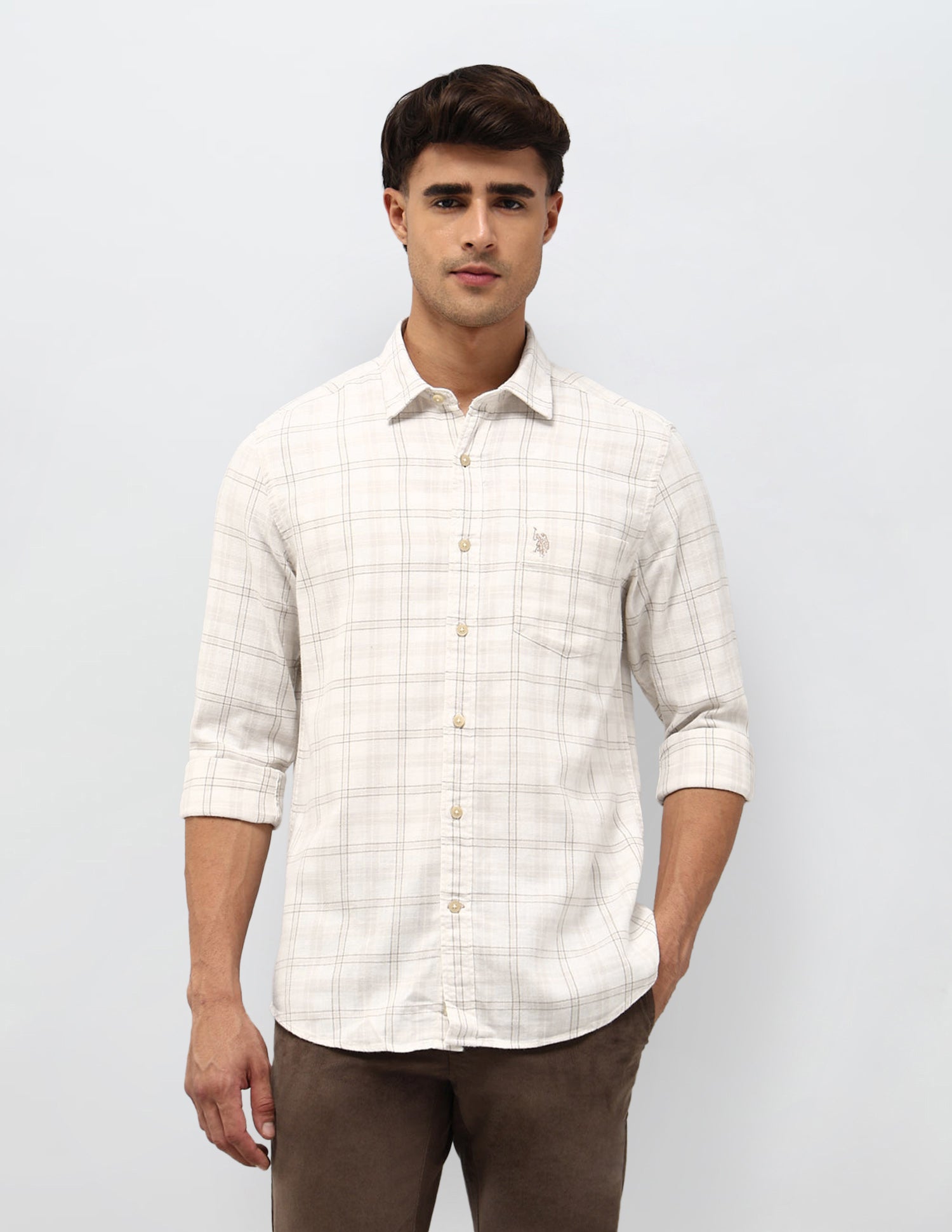 Grid Tattersall Checked Herringbone Shirt Ecru - U.S. POLO ASSN. | Large