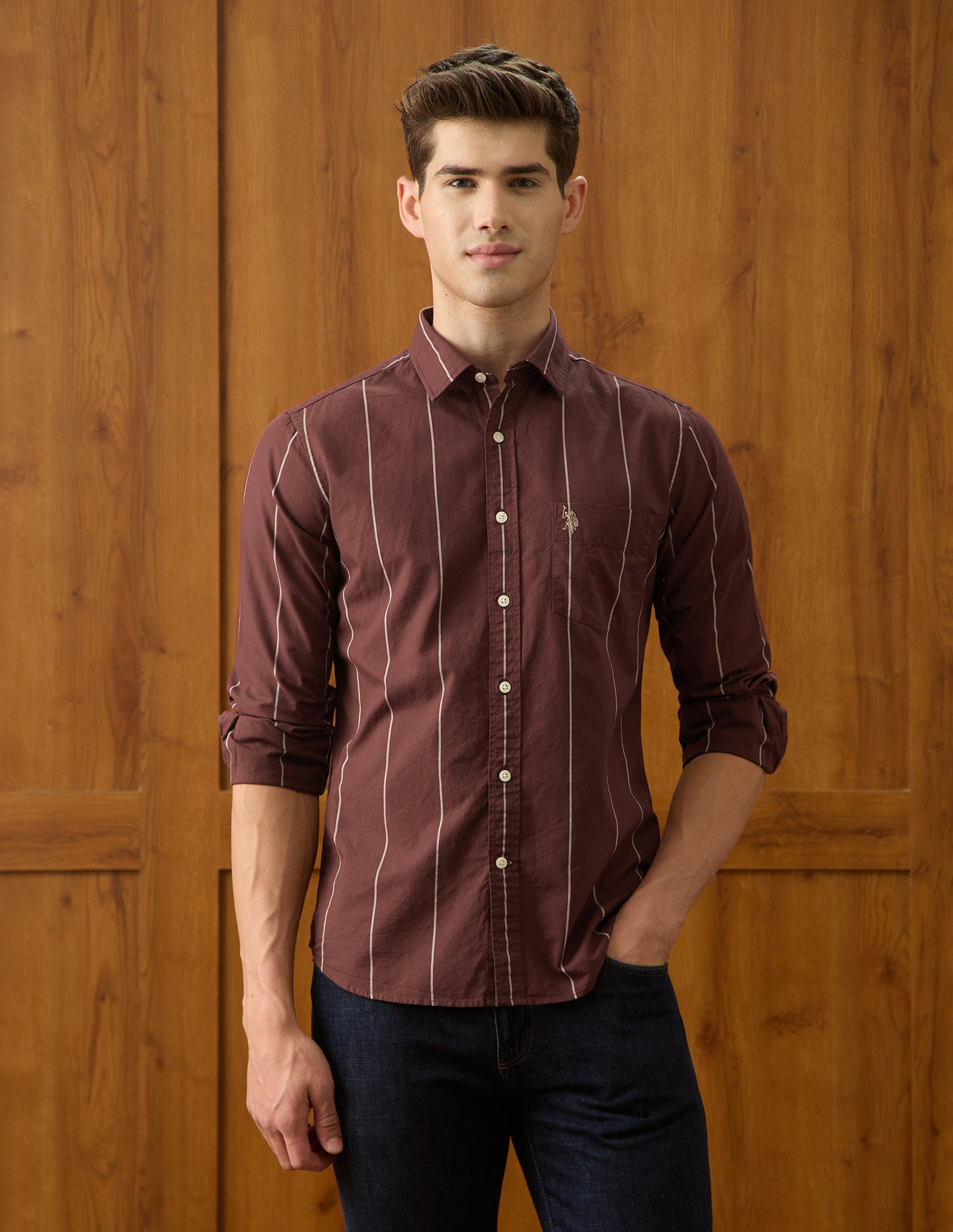 Oxford Vertical Striped Shirt Maroon - U.S. Polo Assn. India | Large
