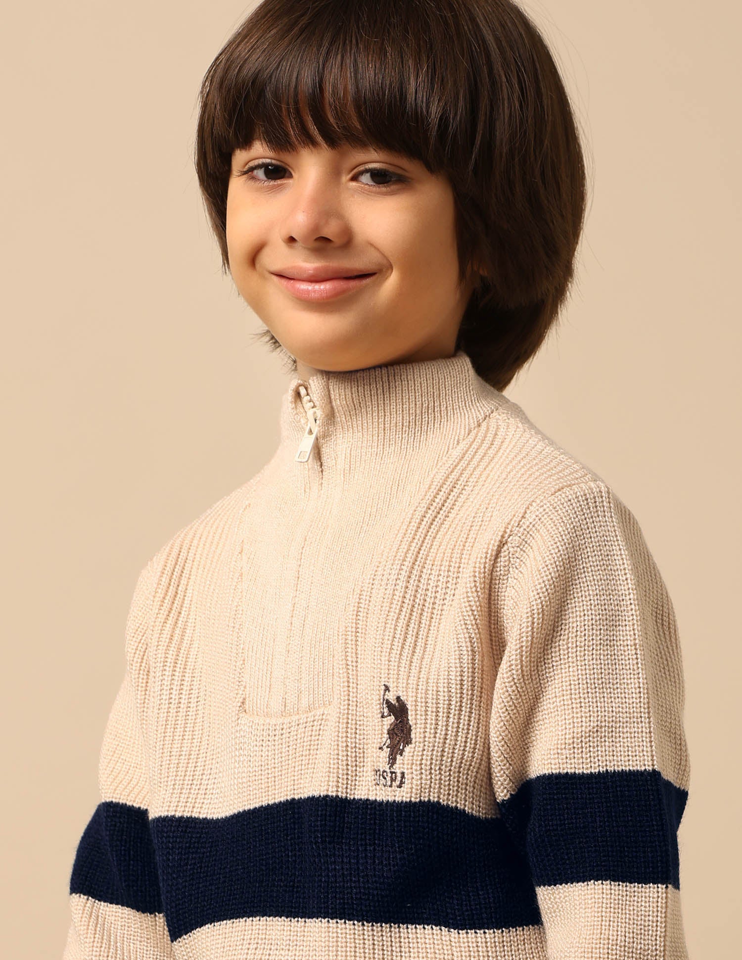 Boys Horizontal Striped Regular Fit Sweater Off White - U.S. Polo Assn. India | Large