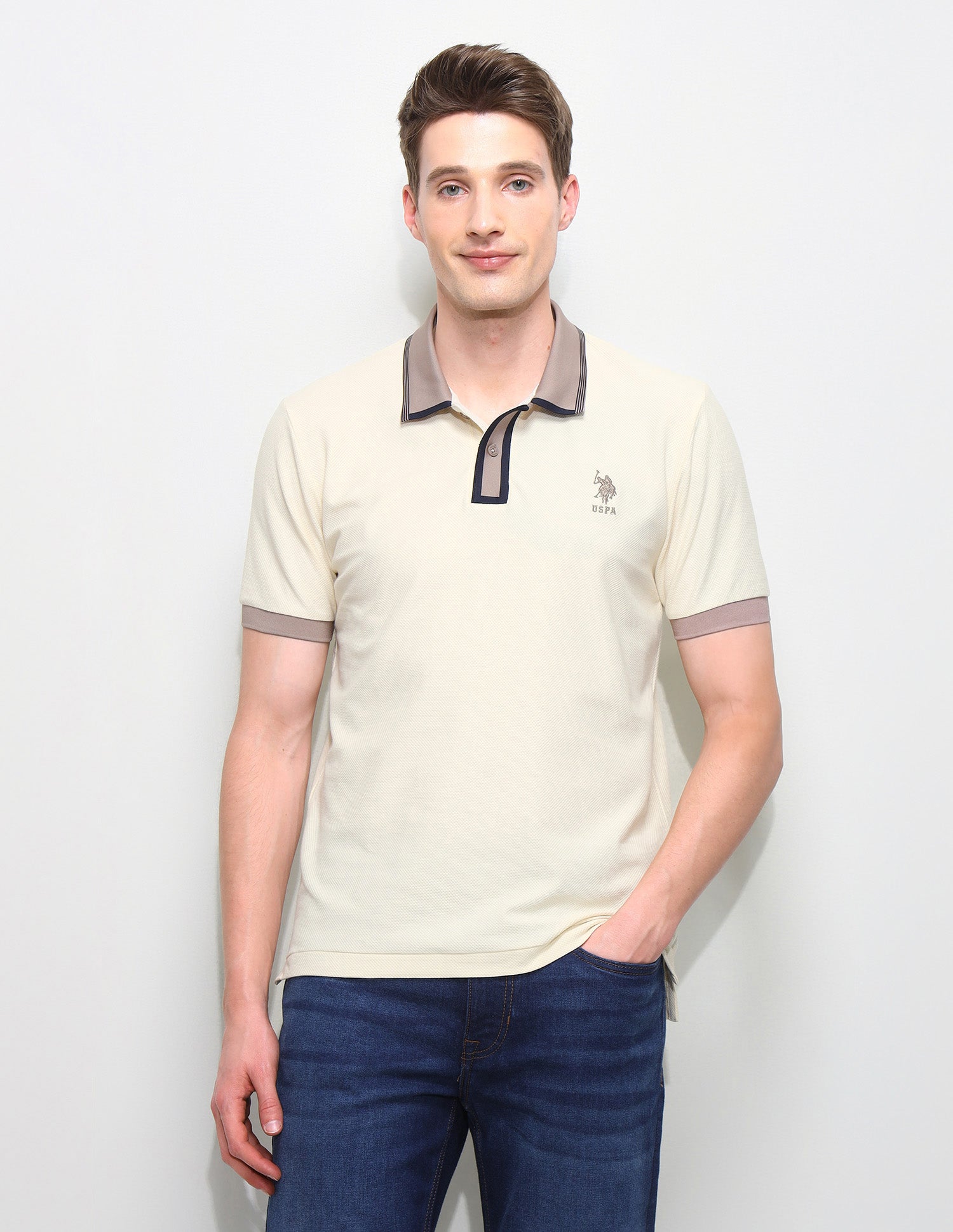 Solid Slim Fit Polo Shirt Beige - U.S. Polo Assn. India | Large