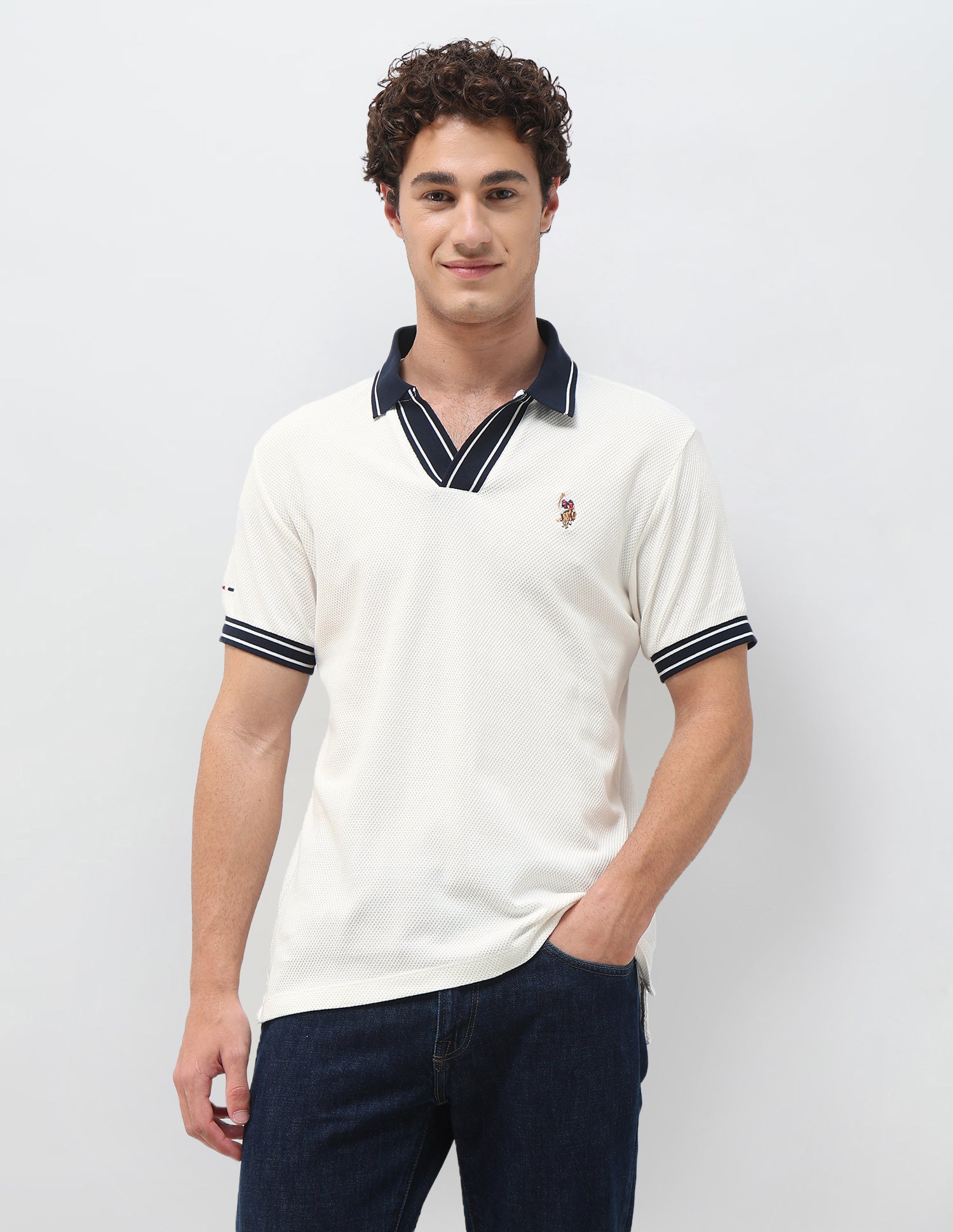 Textured Slim Fit Polo Shirt Ivory - U.S. Polo Assn. India | Large