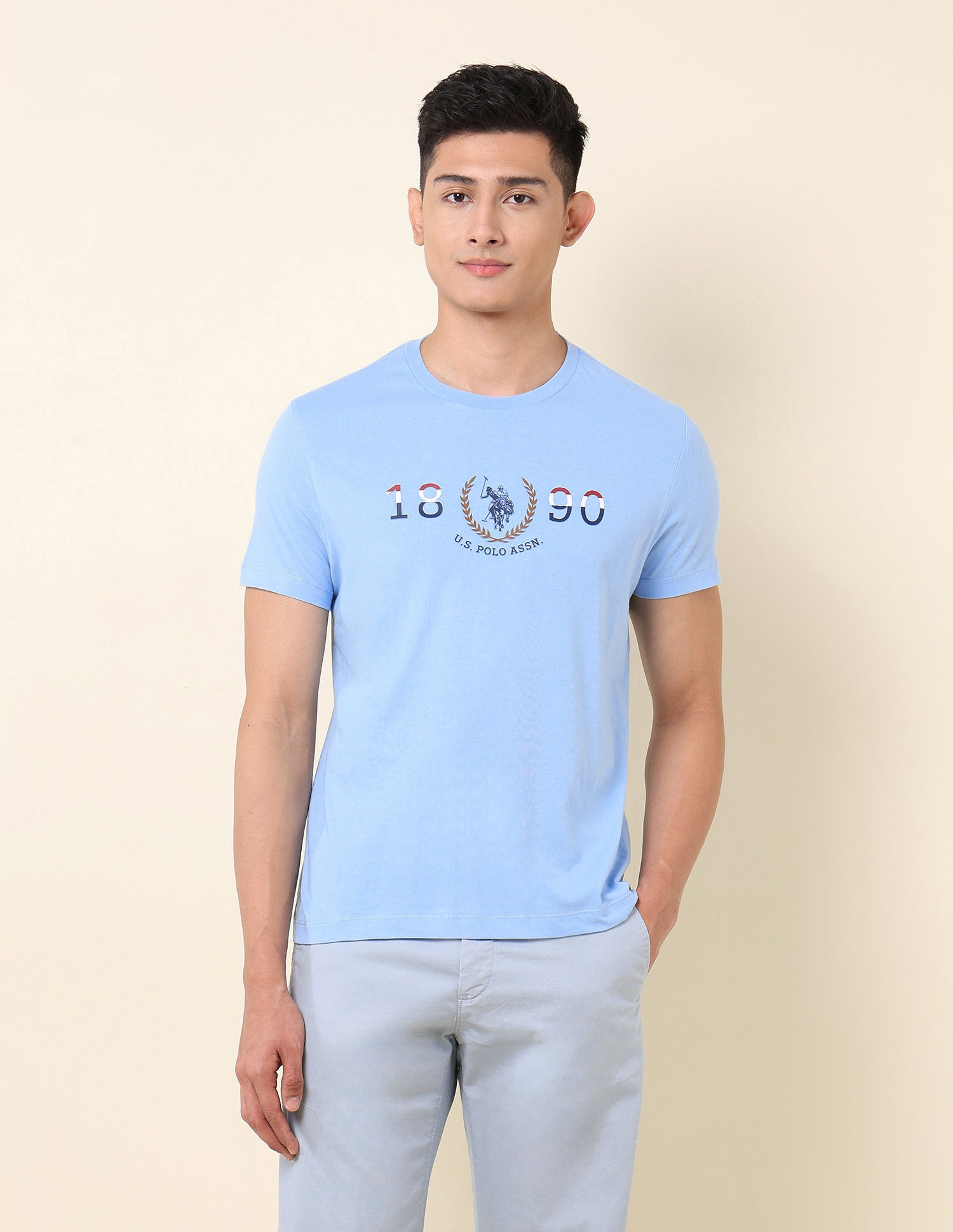 Brand Printed Pure Cotton T-Shirt Light Blue - U.S. POLO ASSN. | Large