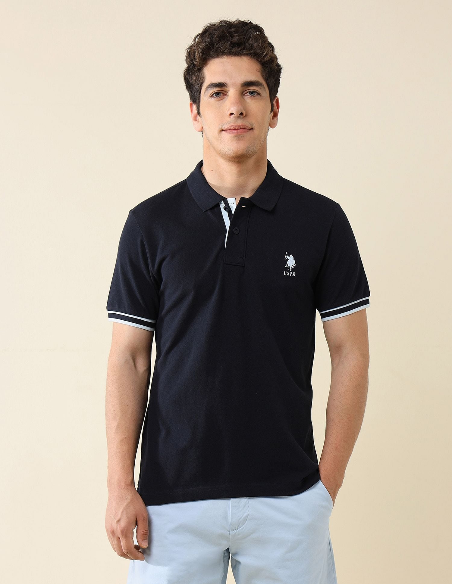 Striped Placket Slim Fit Polo Shirt Navy - U.S. Polo Assn. India | Large