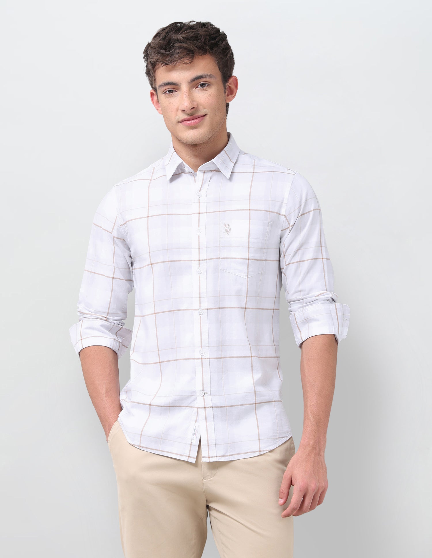 Windowpane Checked Regular Fit Shirt Light Khaki - U.S. Polo Assn. India | Large
