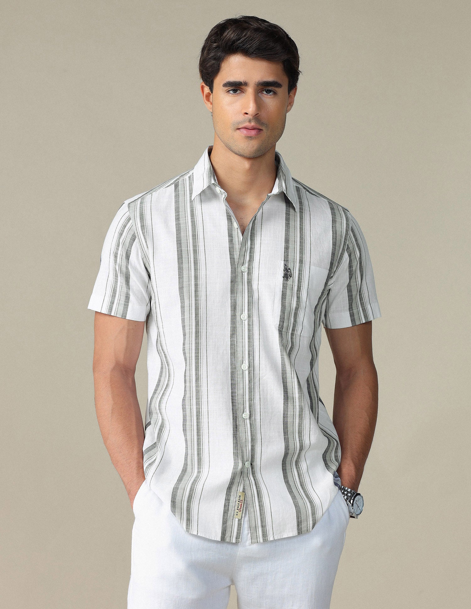 Vertical Striped Pure Cotton Shirt White - U.S. POLO ASSN. | Large