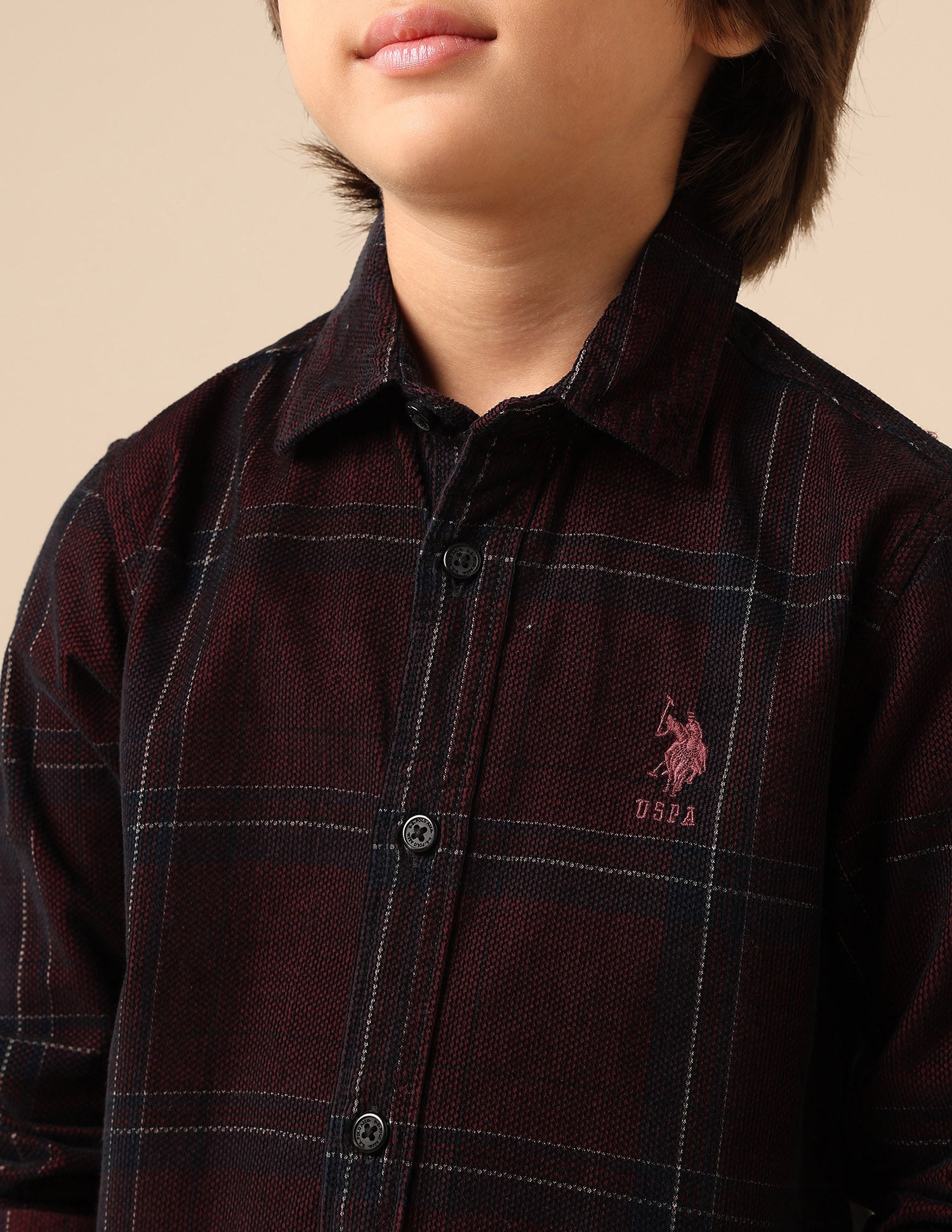 Boys Grid Tattersall Checked Corduroy Shirt Dark Maroon - U.S. POLO ASSN. | Large