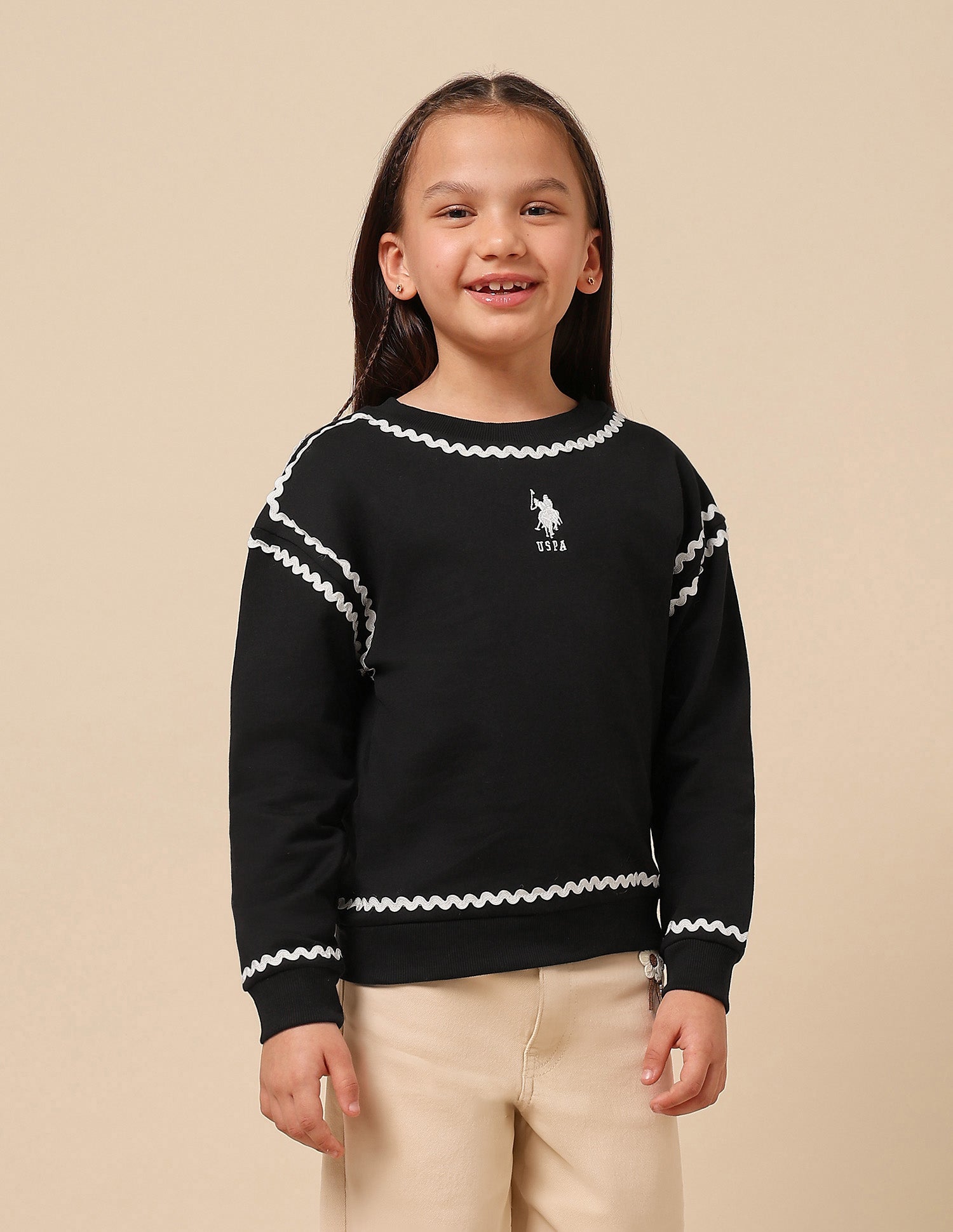 Girls Solid Lace Trim Sweatshirt Black - U.S. POLO ASSN. | Large