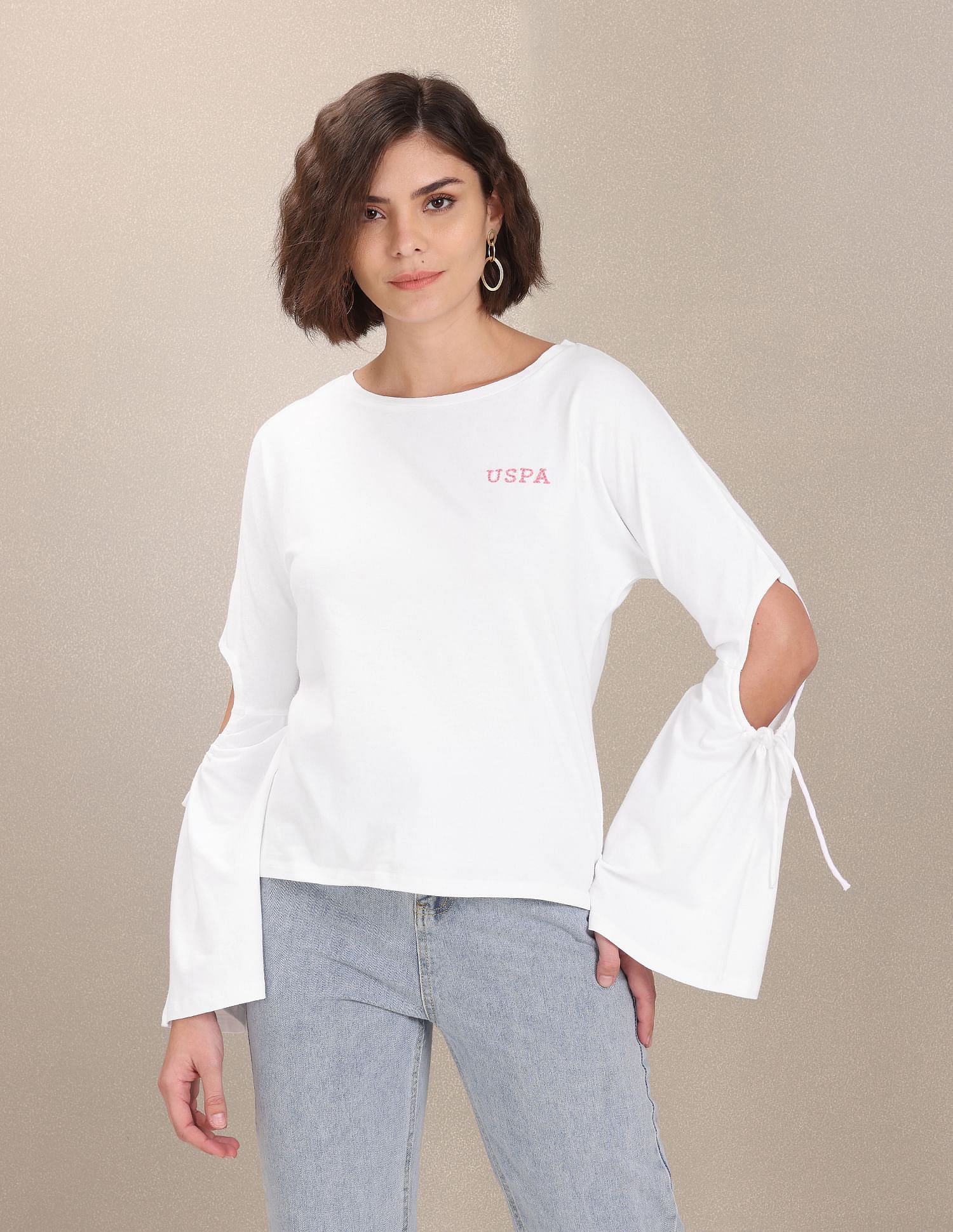 Round Neck Peasant Tie-Up Puff Sleeve Top White - U.S. Polo Assn. India | Large