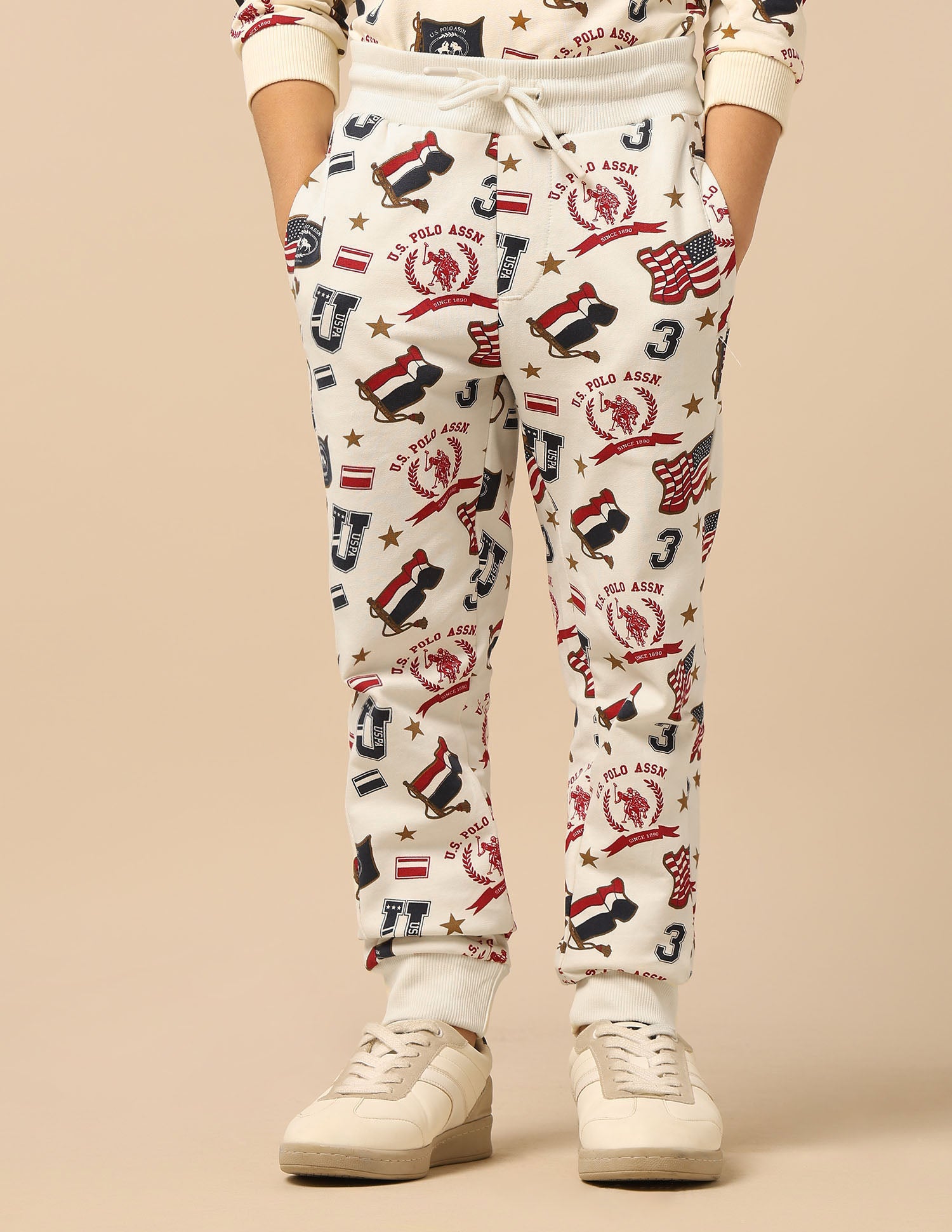 Boys Brand Printed Regular Fit Joggers White - U.S. POLO ASSN. | Large