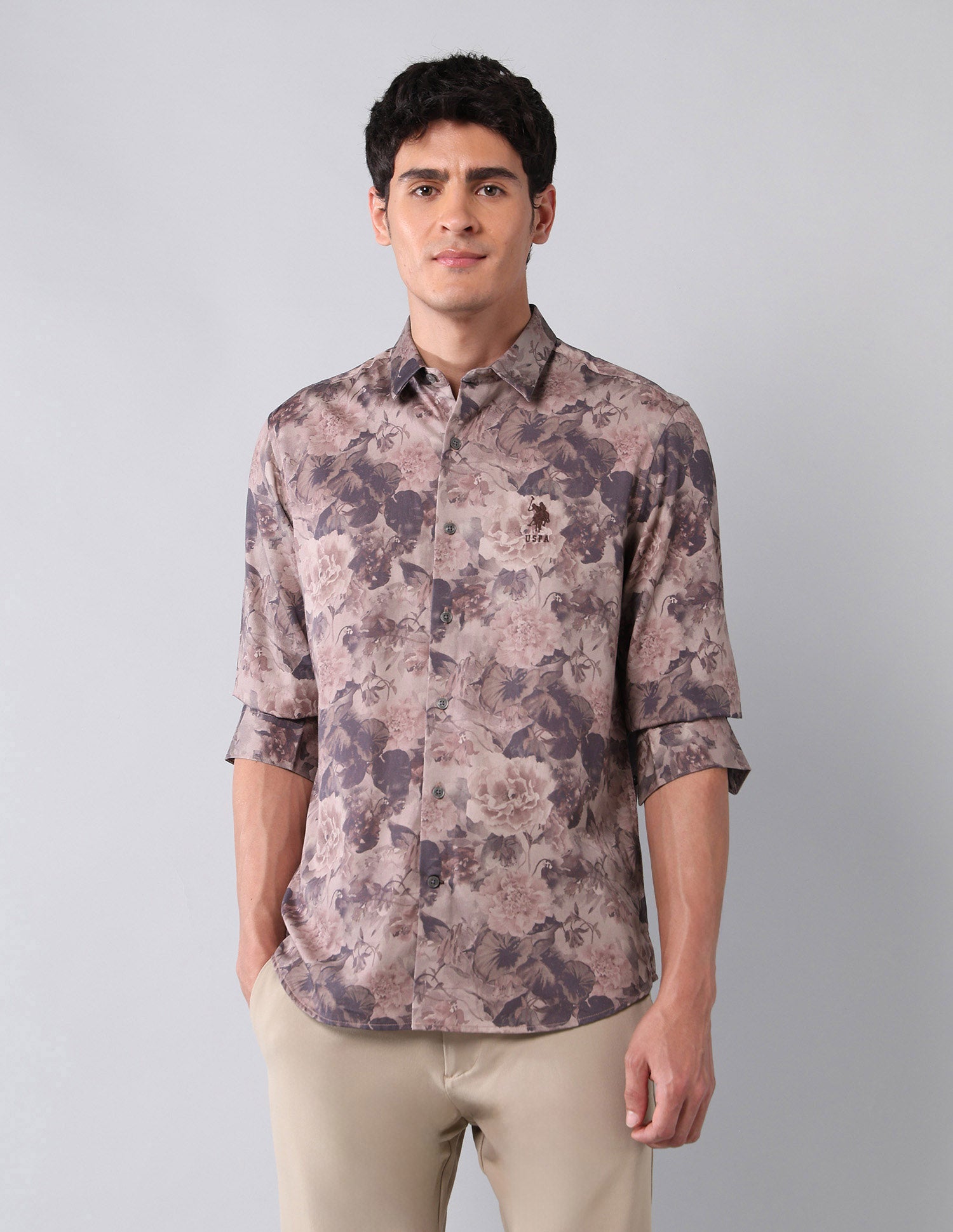 Floral Printed Pure Cotton Shirt Mauve - U.S. Polo Assn. India | Large