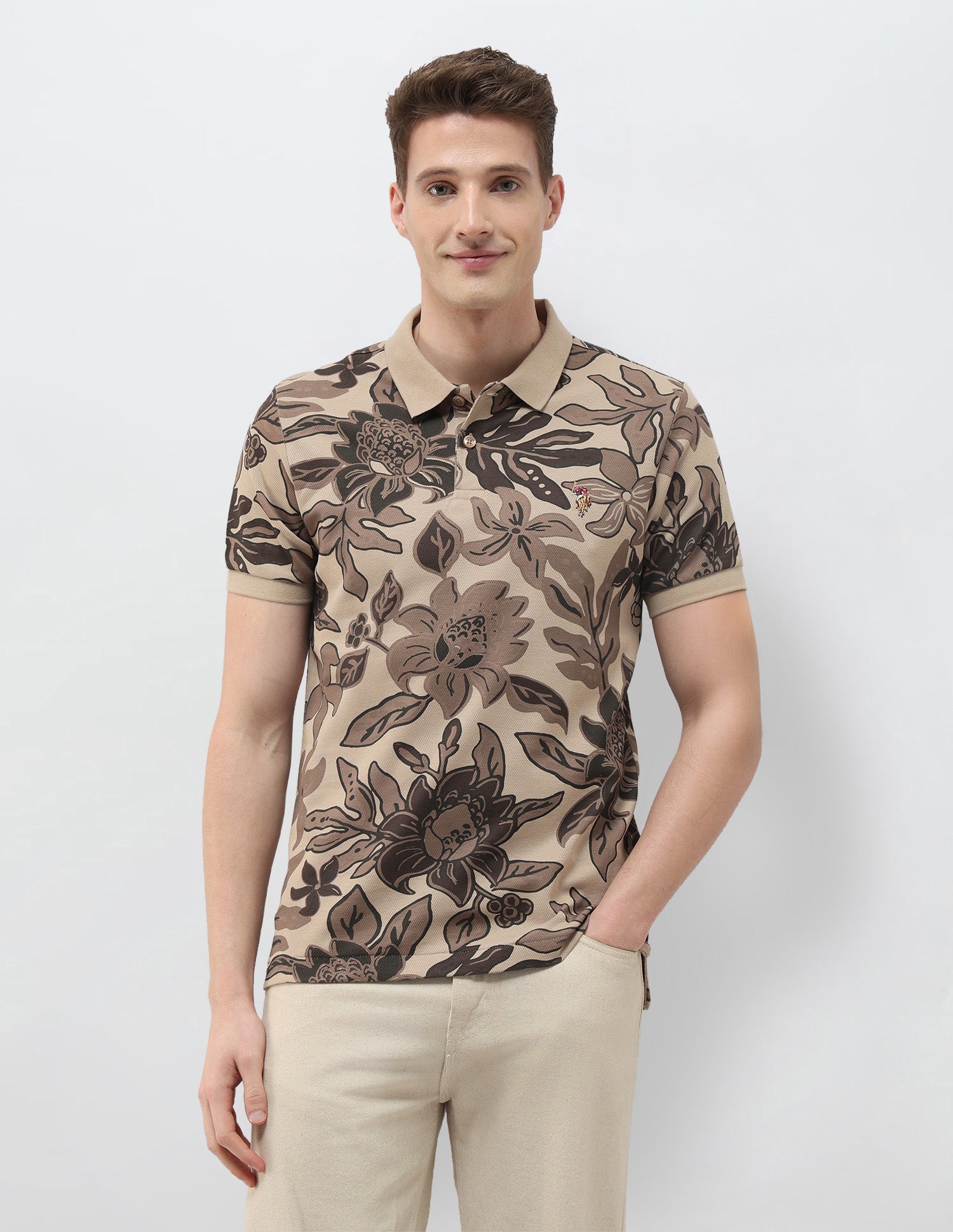 Floral Printed Summer House Polo Shirt Brown - U.S. Polo Assn. India | Large