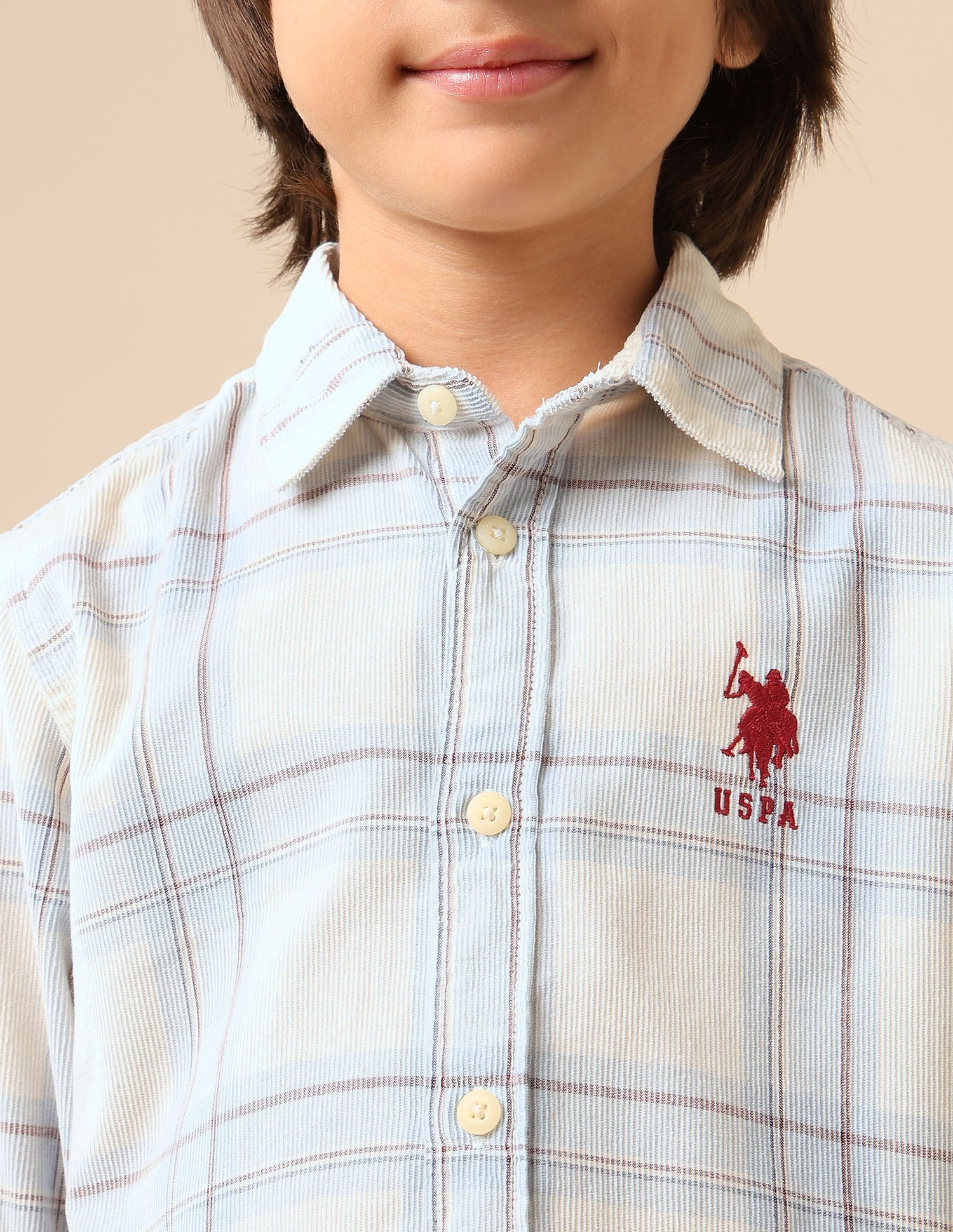 Boys Plaid Checked Corduroy Shirt Off White - U.S. POLO ASSN. | Large