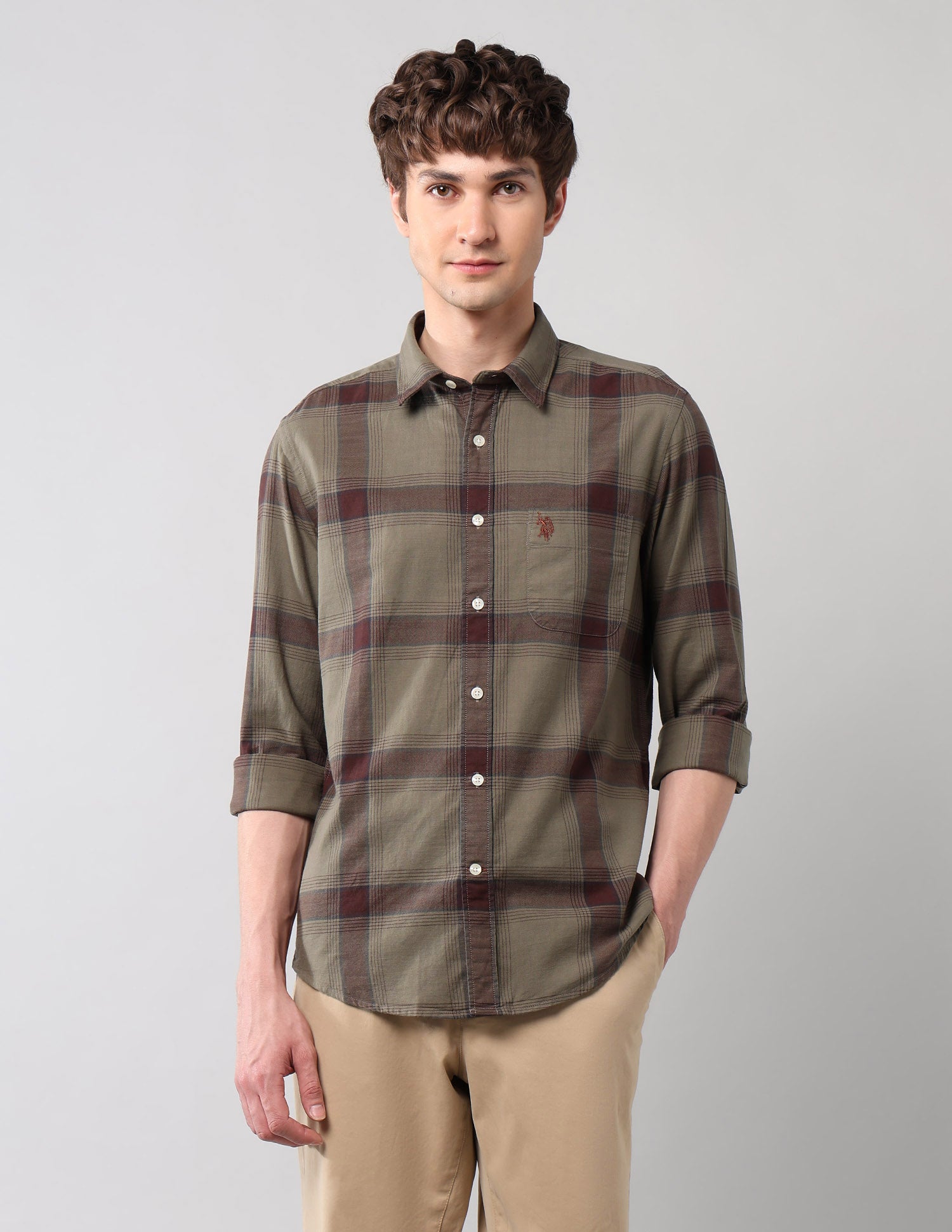 Windowpane Checked Pure Cotton Shirt Olive - U.S. Polo Assn. India | Large