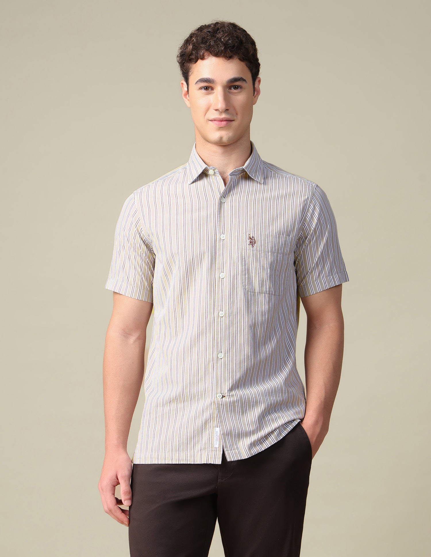 Vertical Striped Seersucker Shirt Beige - U.S. Polo Assn. India | Large