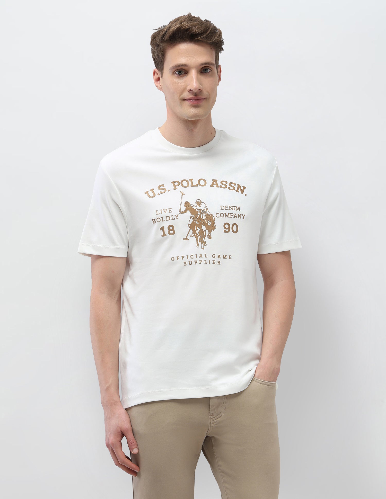 Graphic Brand Printed Slim Fit Black & Gold T-Shirt Ivory - U.S. Polo Assn. India | Large
