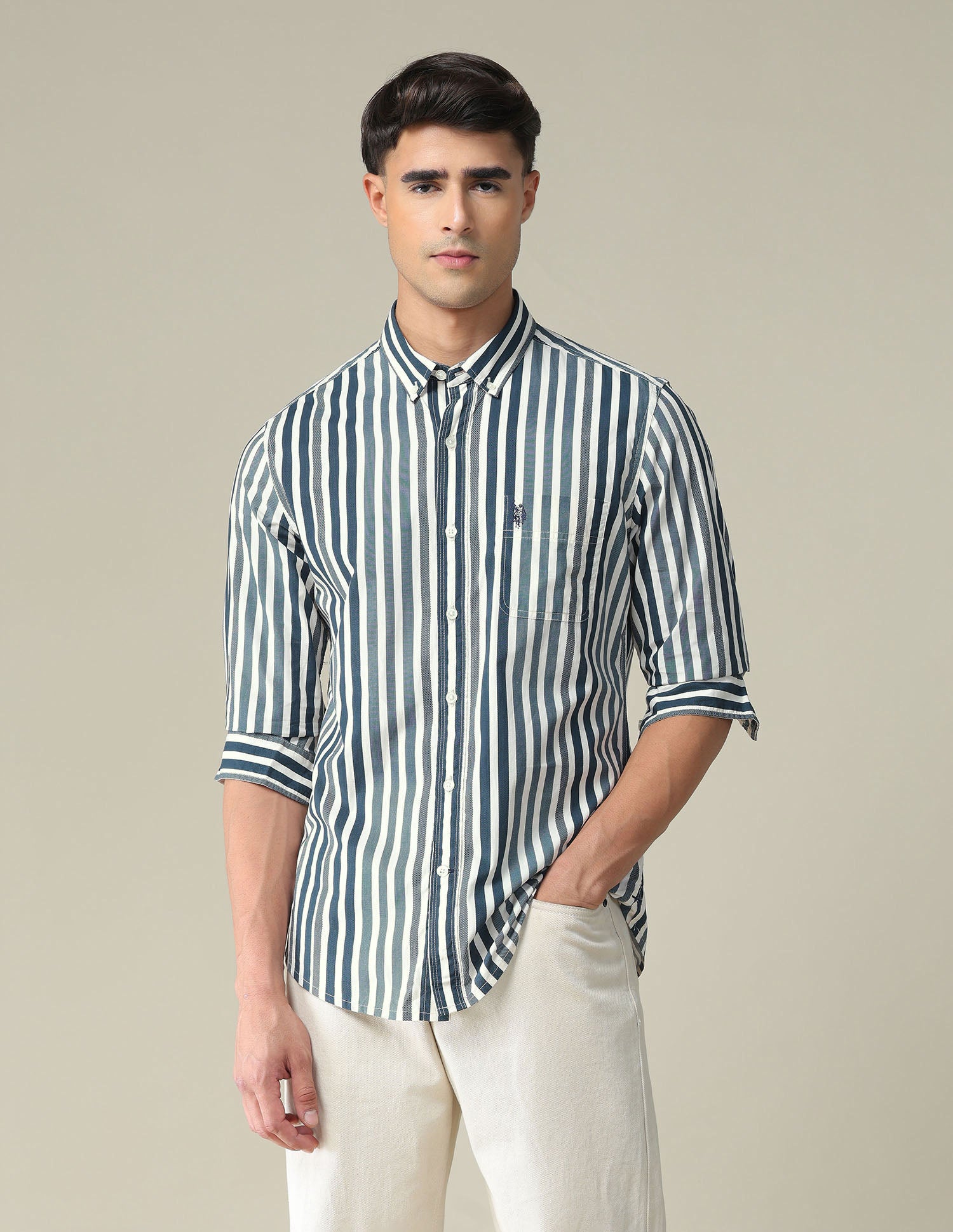 Vertical Stripe Slim Shirt Green and White - U.S. POLO ASSN. | Large