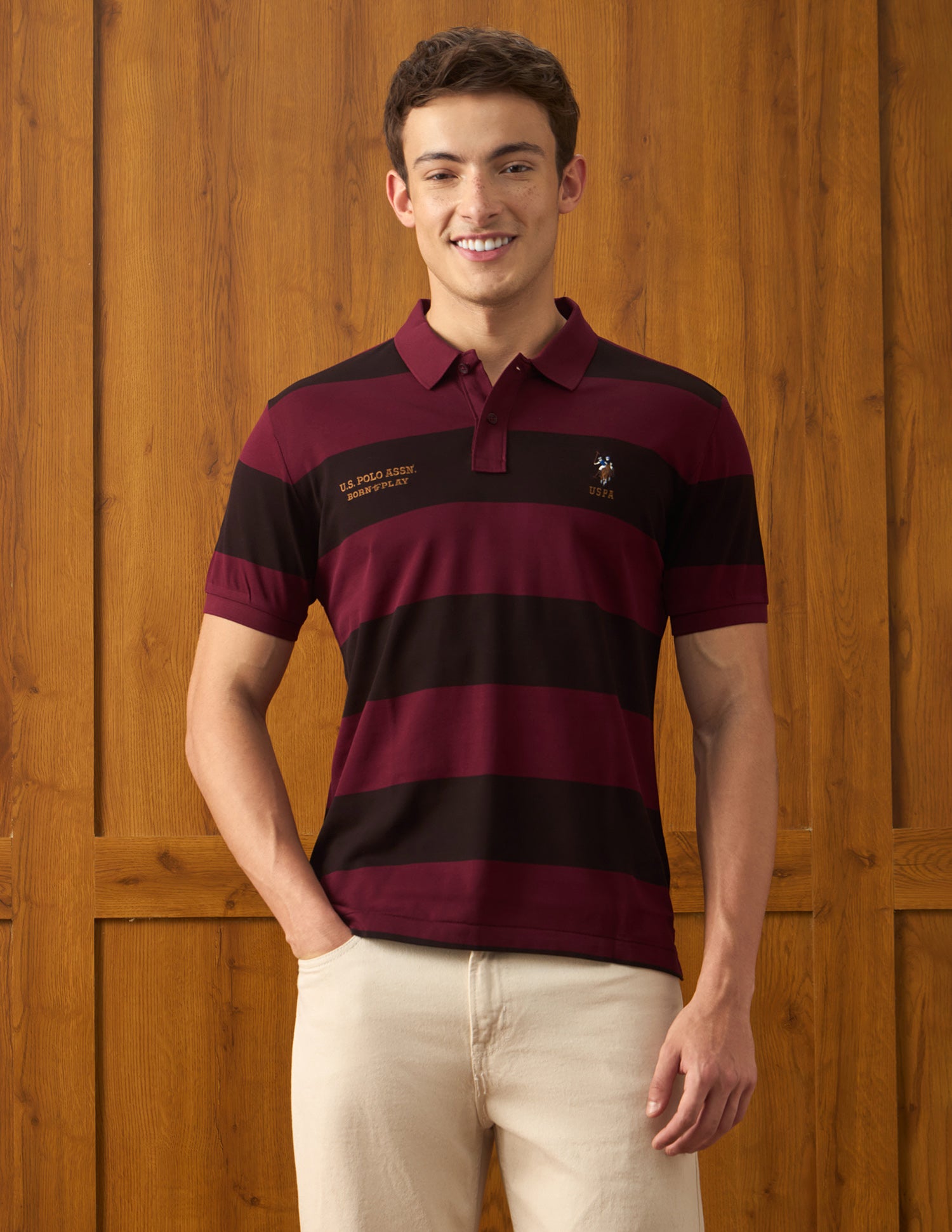 Horizontal Striped Slim Fit Polo Shirt Wine - U.S. Polo Assn. India | Large