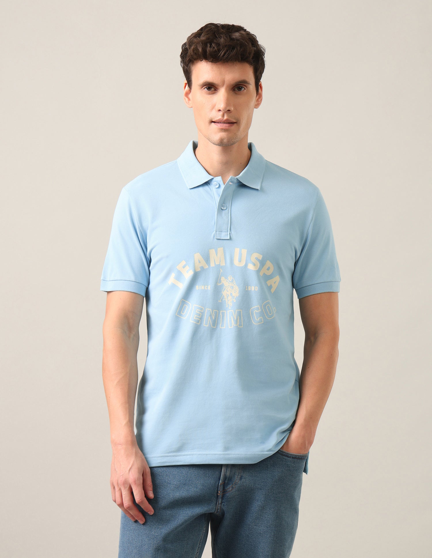 Typographic Brand Printed Slim Fit Polo Shirt Light Blue - U.S. Polo Assn. India | Large