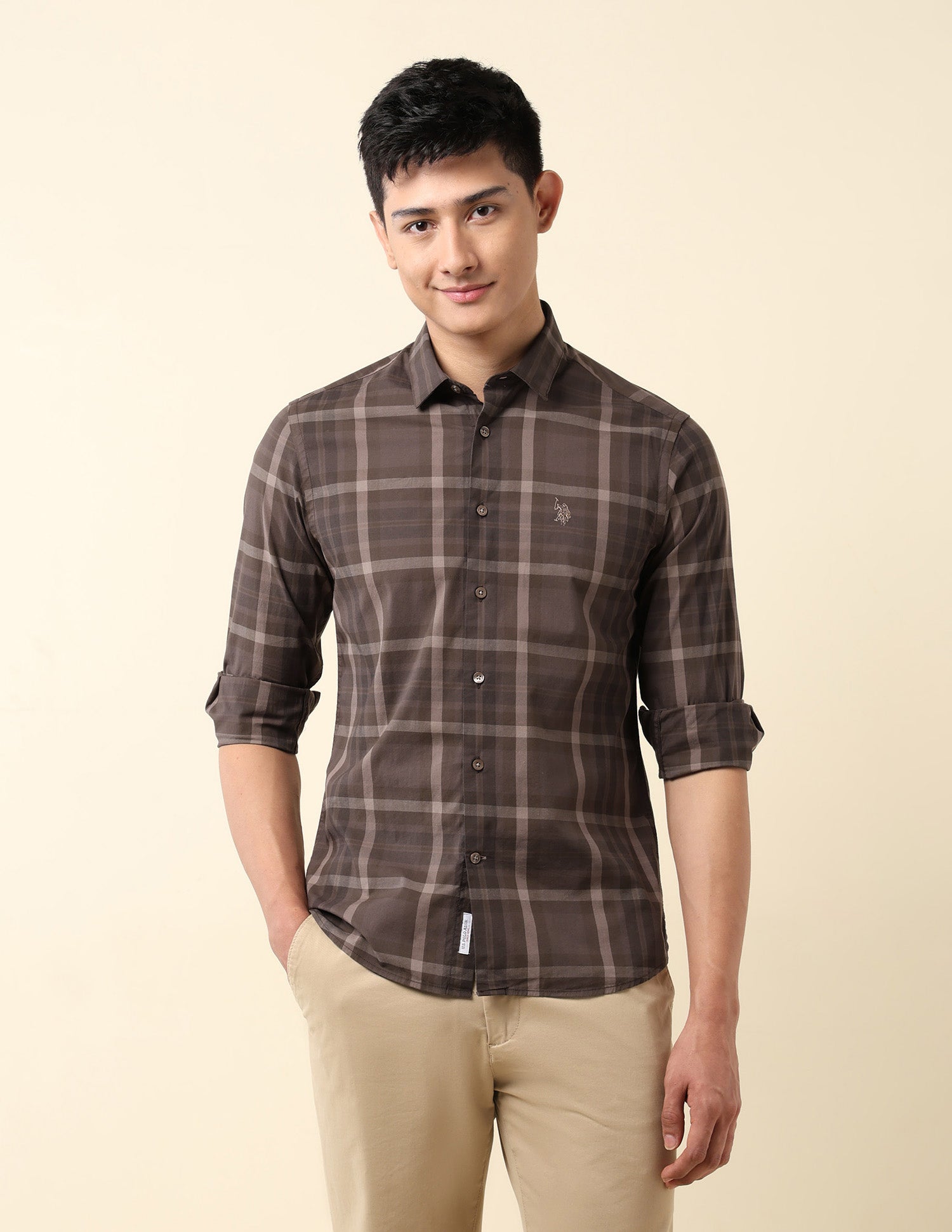 Plaid Checked Tailored Fit Shirt Light Brown - U.S. Polo Assn. India | Large