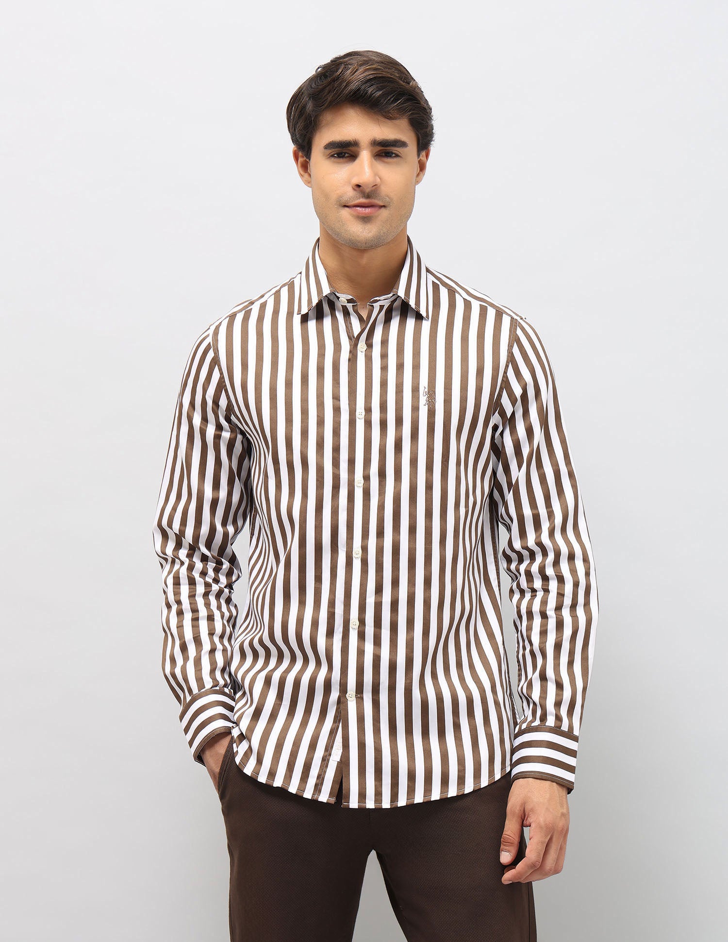 Vertical Striped Tailored Fit Shirt Brown - U.S. POLO ASSN. | Large
