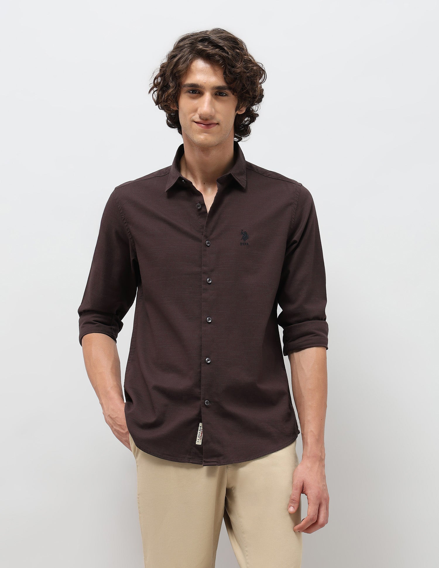 Slim Fit Pure Cotton Shirt Wine - U.S. Polo Assn. India | Large