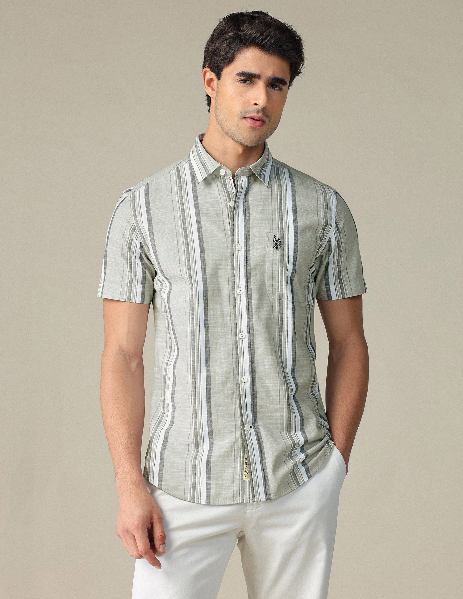 Vertical Striped Pure Cotton Shirt Green - U.S. POLO ASSN. | Large