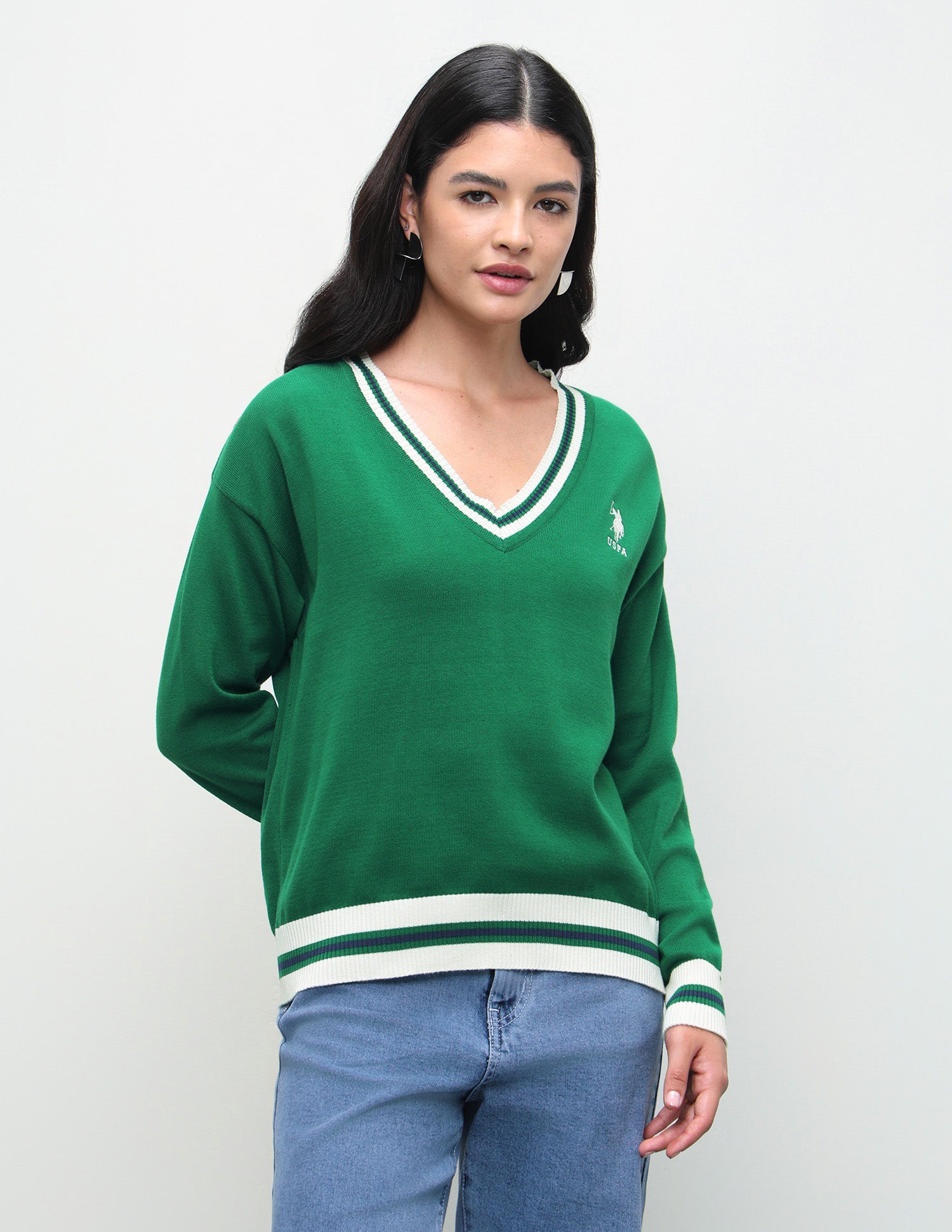 Solid Regular Fit Sweater Green - U.S. Polo Assn. India | Large