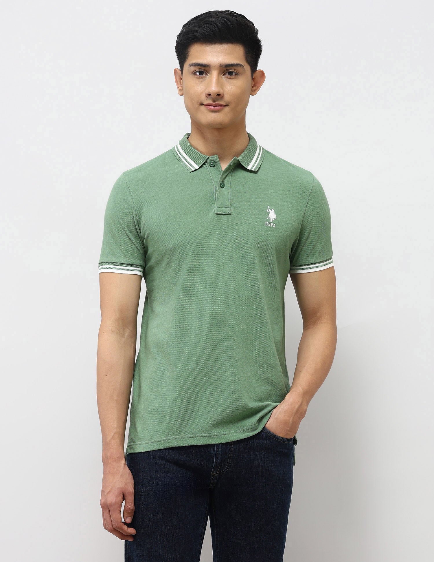 Pure Cotton Muscle Fit Polo Shirt Light Green - U.S. Polo Assn. India | Large