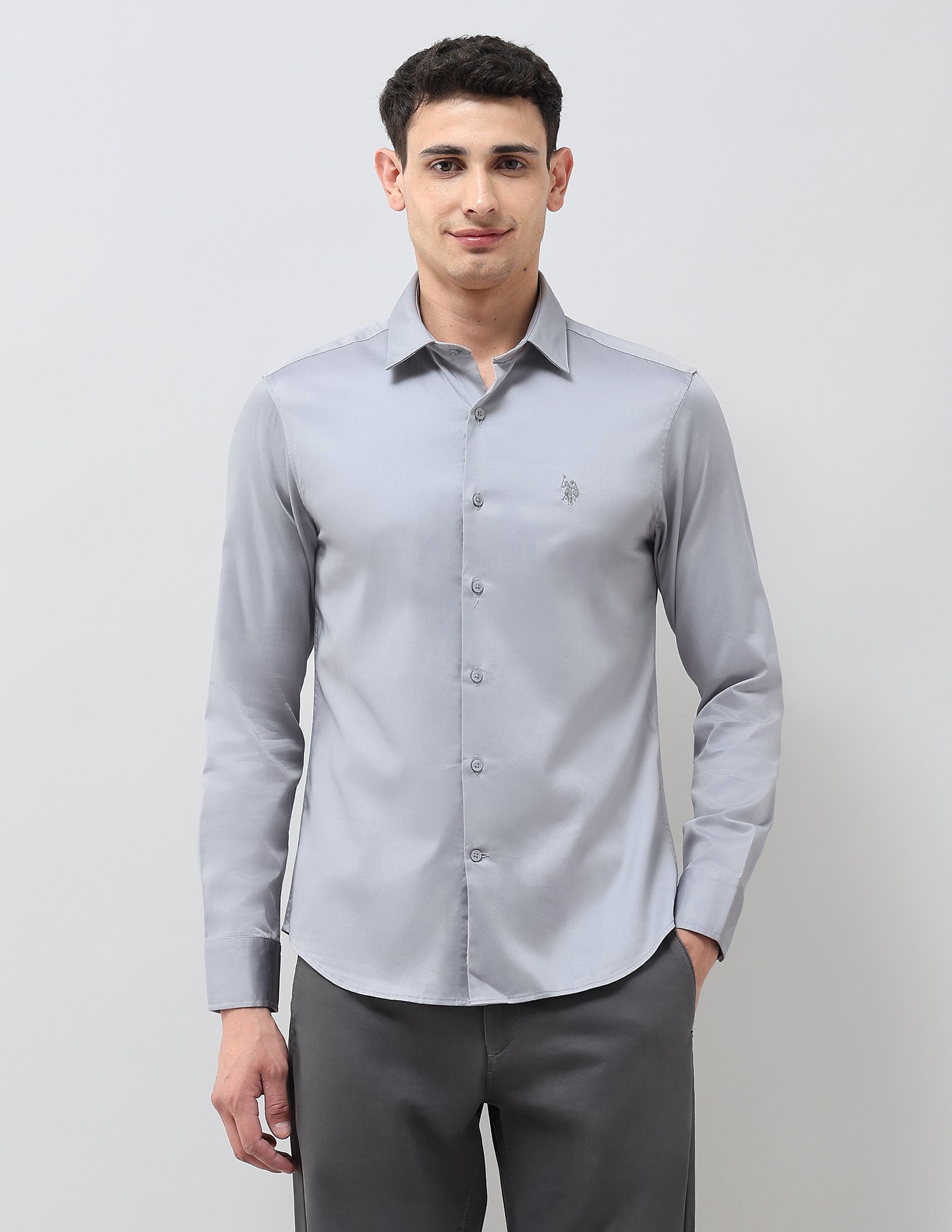 Tailored Fit Solid Shirt Light Grey - U.S. Polo Assn. India | Large