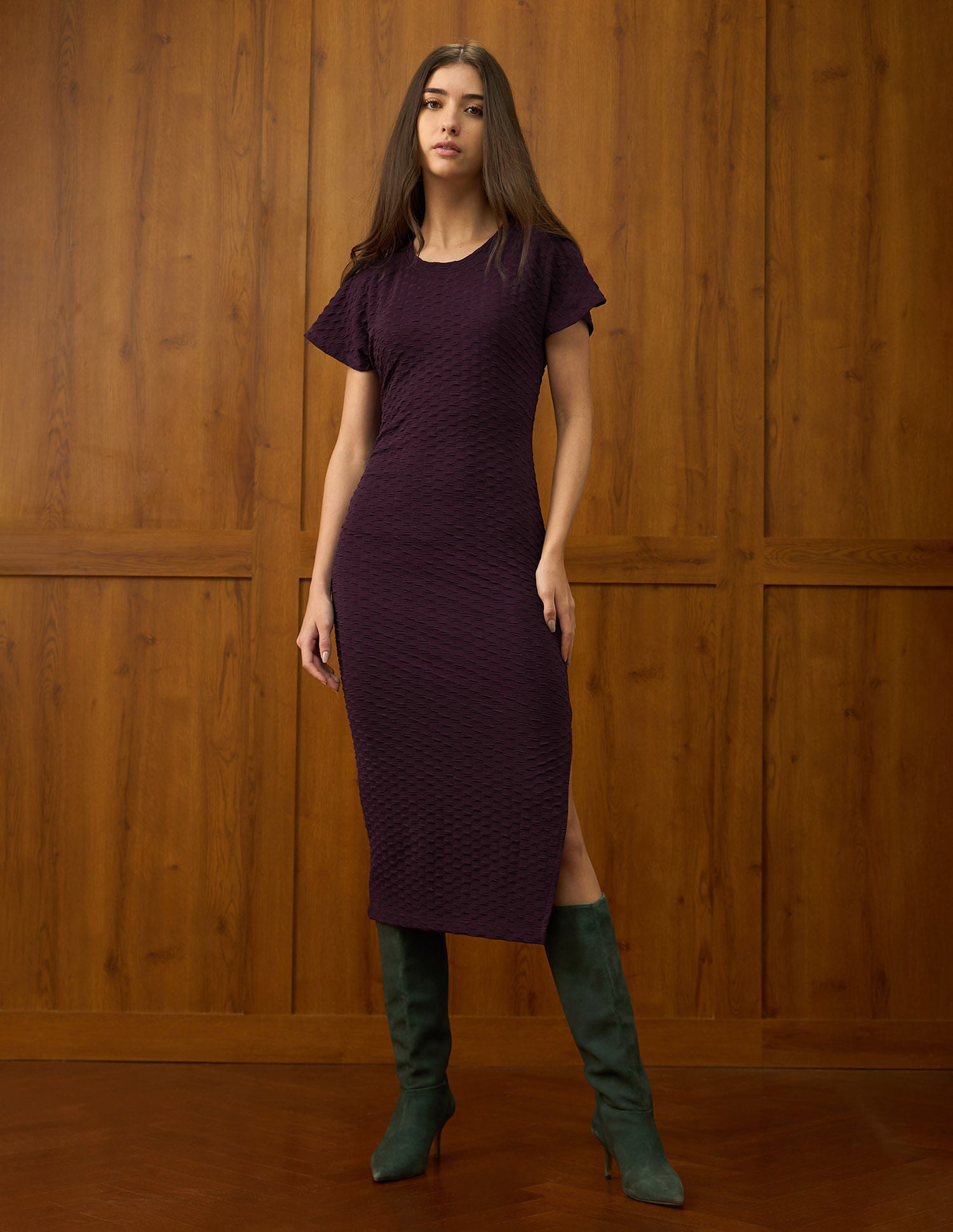 Textured Midi Shift Dress Plum - U.S. Polo Assn. India | Large