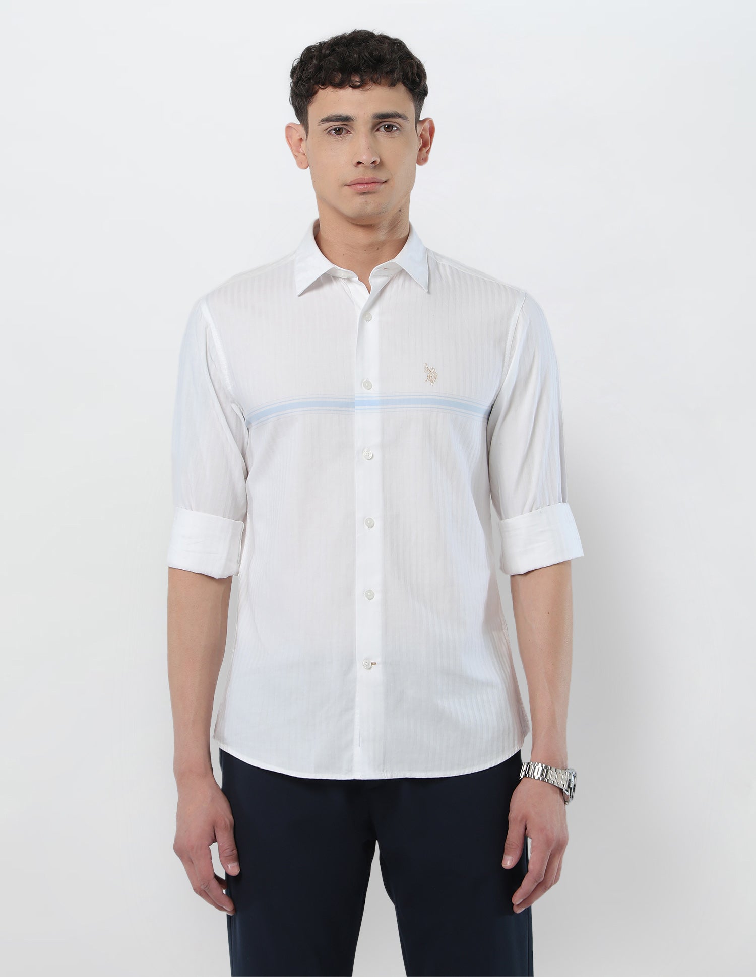 Self Design Vertical Striped Tailored Fit Shirt White - U.S. POLO ASSN. | Large