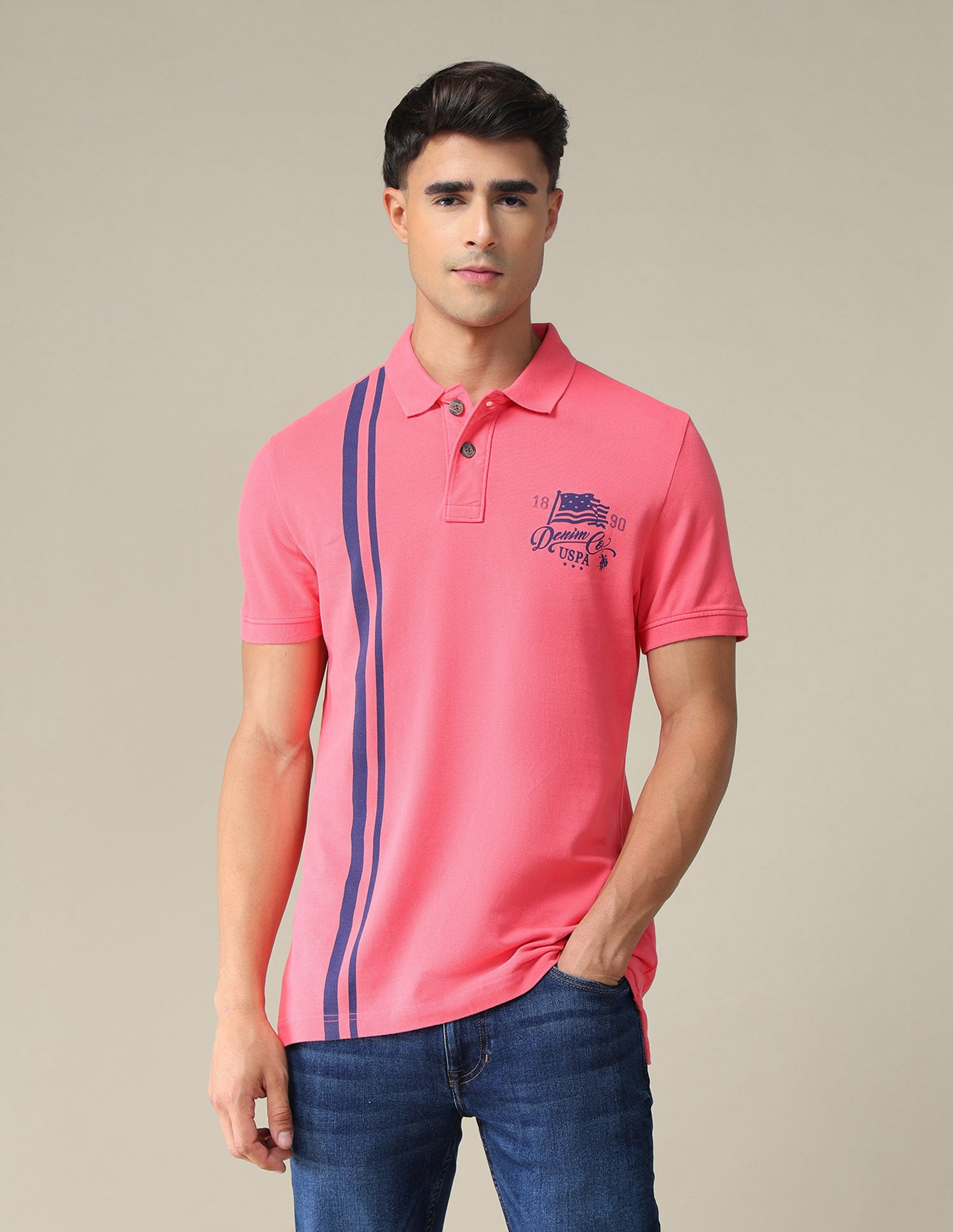 Vertical Striped Cotton Polo Shirt Pink - U.S. POLO ASSN. | Large