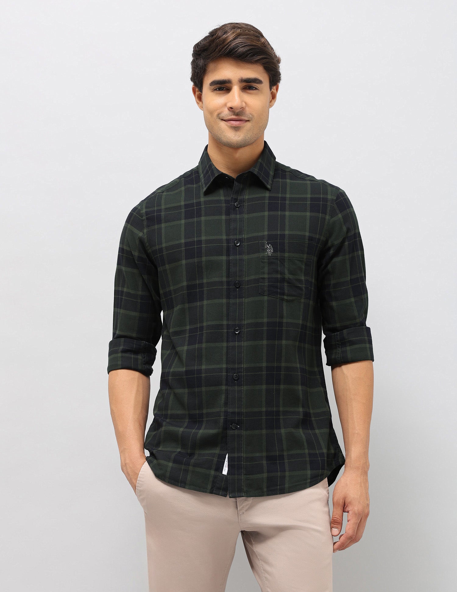 Plaid Checked Tailored Fit Shirt Olive - U.S. Polo Assn. India | Large