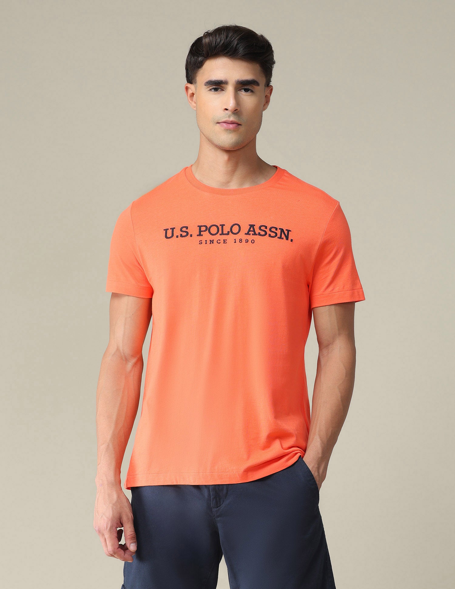 Brand Embroidered Cotton T-Shirt Orange - U.S. POLO ASSN. | Large