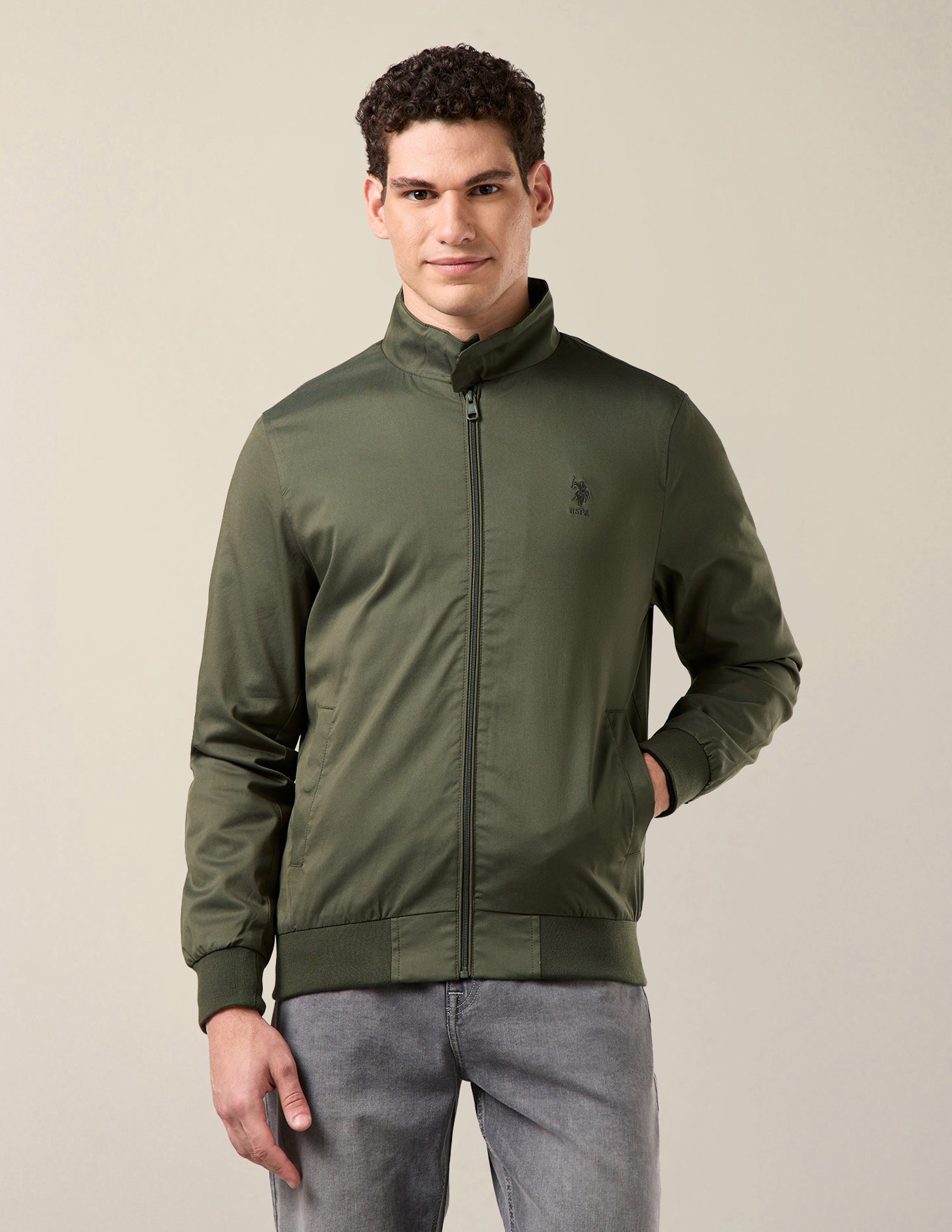 Solid Regular Fit Bomber Jacket Olive - U.S. Polo Assn. India | Large