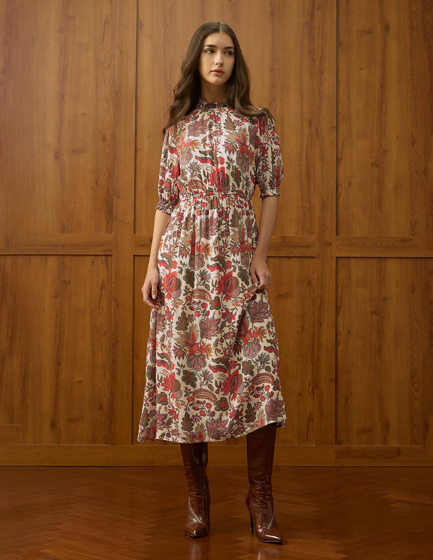 Smocked Floral Printed A-Line Midi Dress Ecru - U.S. POLO ASSN. | Large