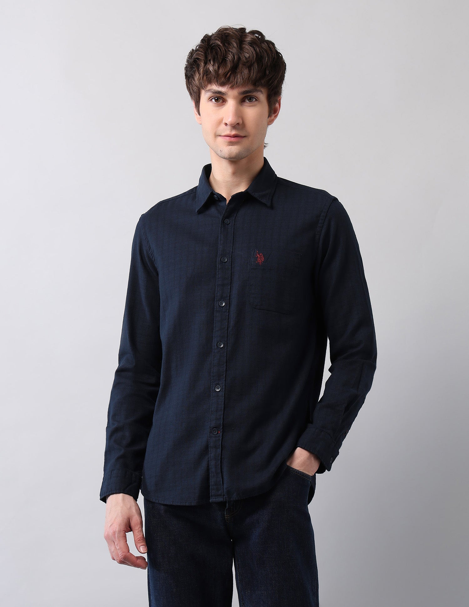 Pure Cotton Textured Shirt Navy - U.S. Polo Assn. India | Large